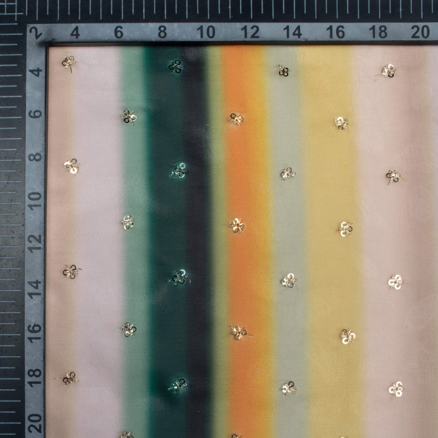 Green And Yellow Stripes Pattern Digital Print Booti Sequins Premium Liquid Organza Fabric