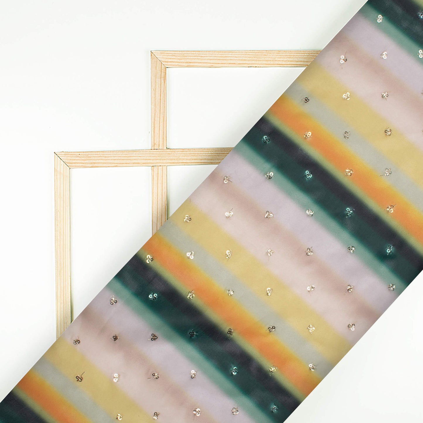 Green And Yellow Stripes Pattern Digital Print Booti Sequins Premium Liquid Organza Fabric