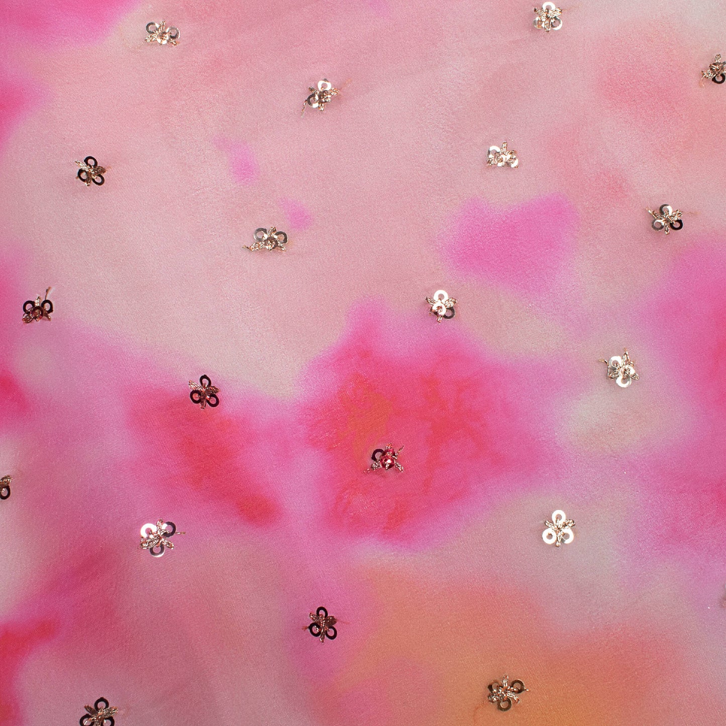 Pink And Peach Tie & Dye Pattern Digital Print Booti Sequins Premium Liquid Organza Fabric
