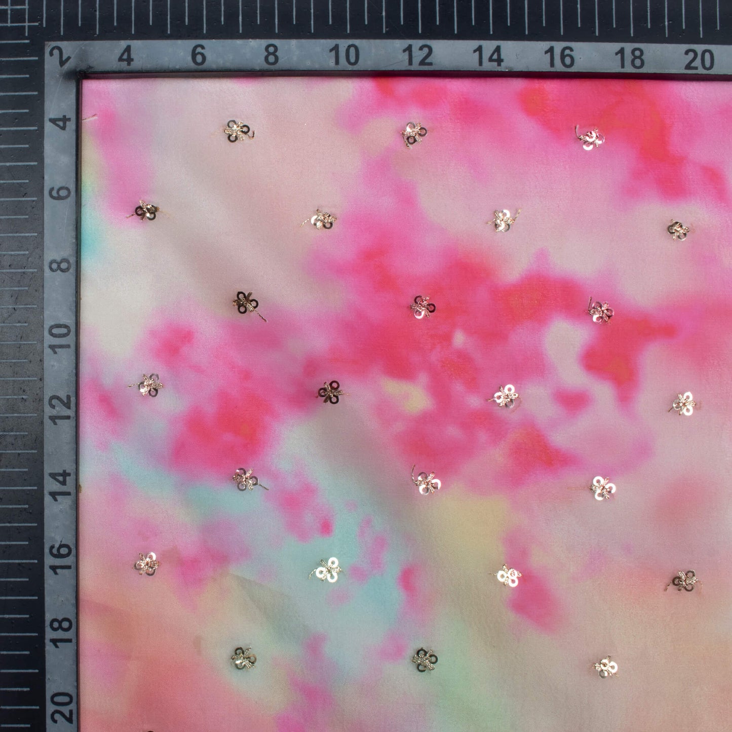Pink And Peach Tie & Dye Pattern Digital Print Booti Sequins Premium Liquid Organza Fabric