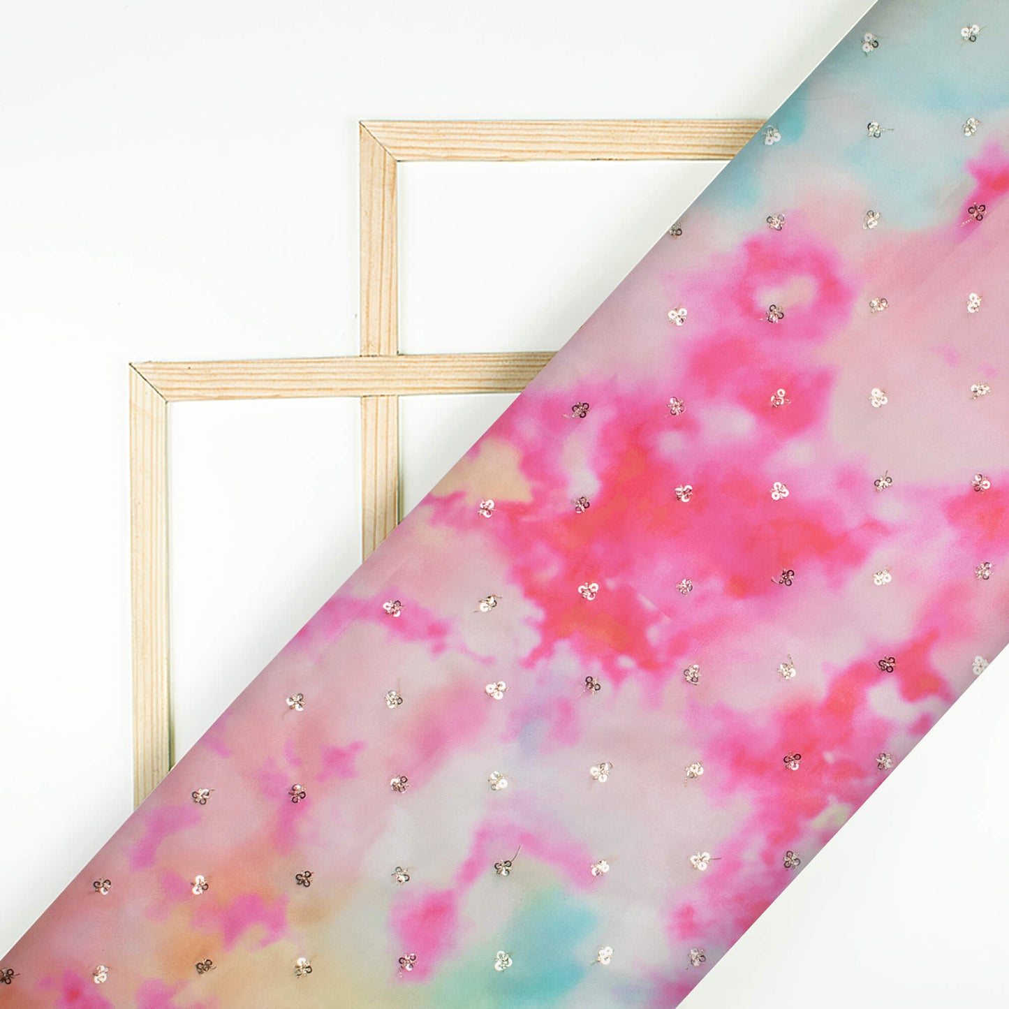 Pink And Peach Tie & Dye Pattern Digital Print Booti Sequins Premium Liquid Organza Fabric