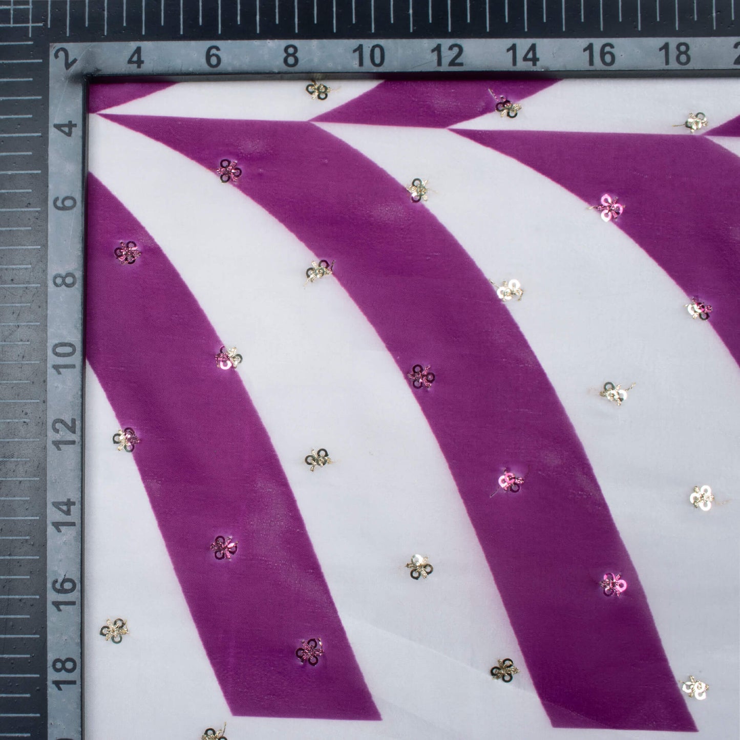 Mulberry Purple And White Abstract Pattern Digital Print Booti Sequins Premium Liquid Organza Fabric