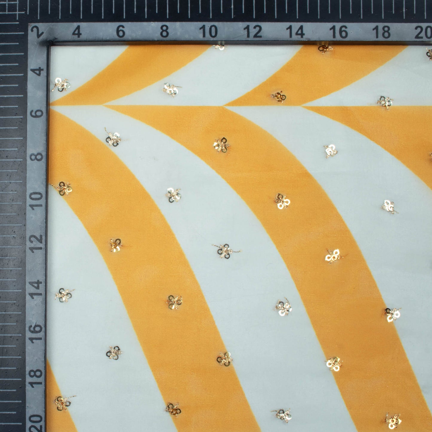 Butter Yellow And White Abstract Pattern Digital Print Booti Sequins Premium Liquid Organza Fabric