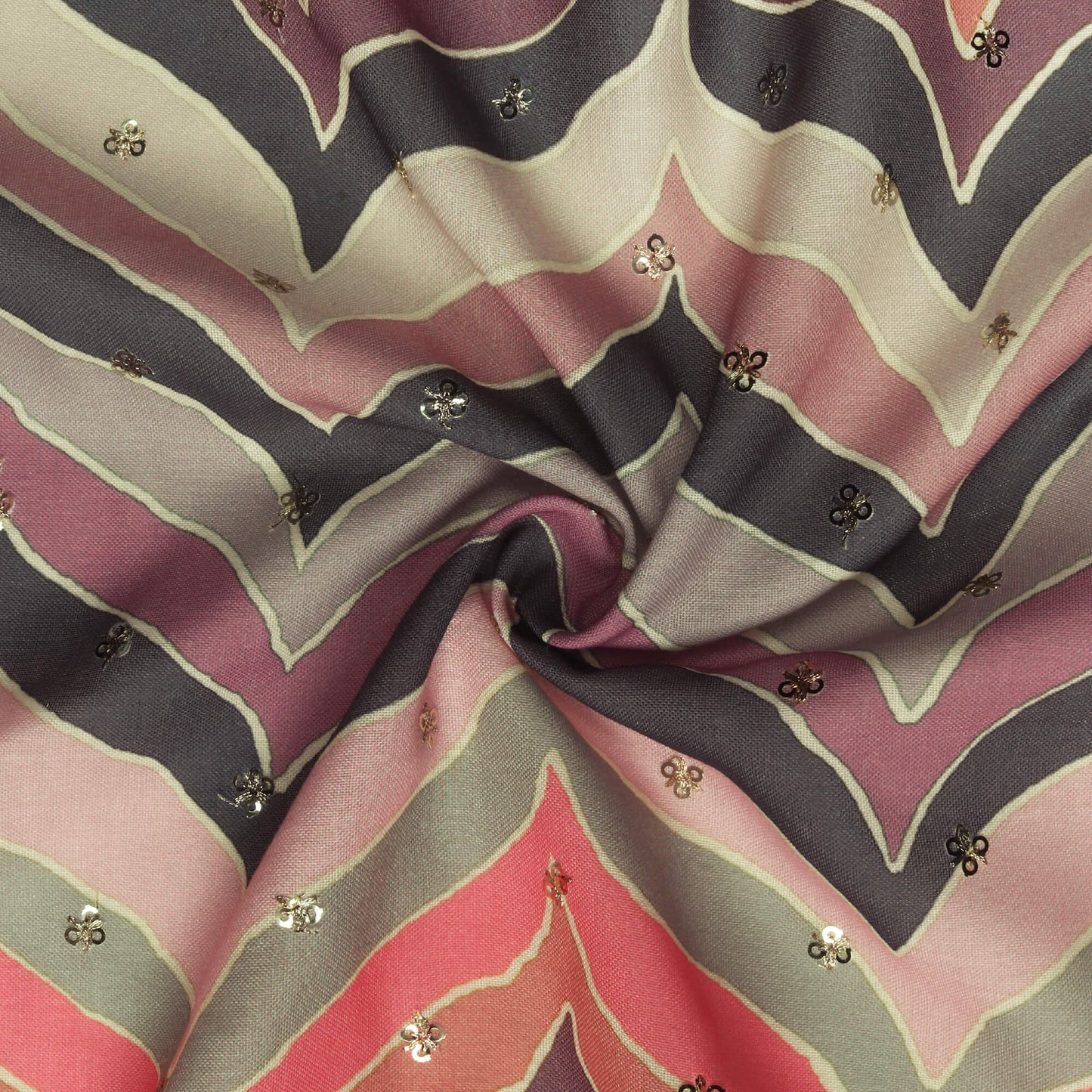 Baby Pink And Grey Chevron Pattern Digital Print Booti Sequins Poly Rayon Fabric