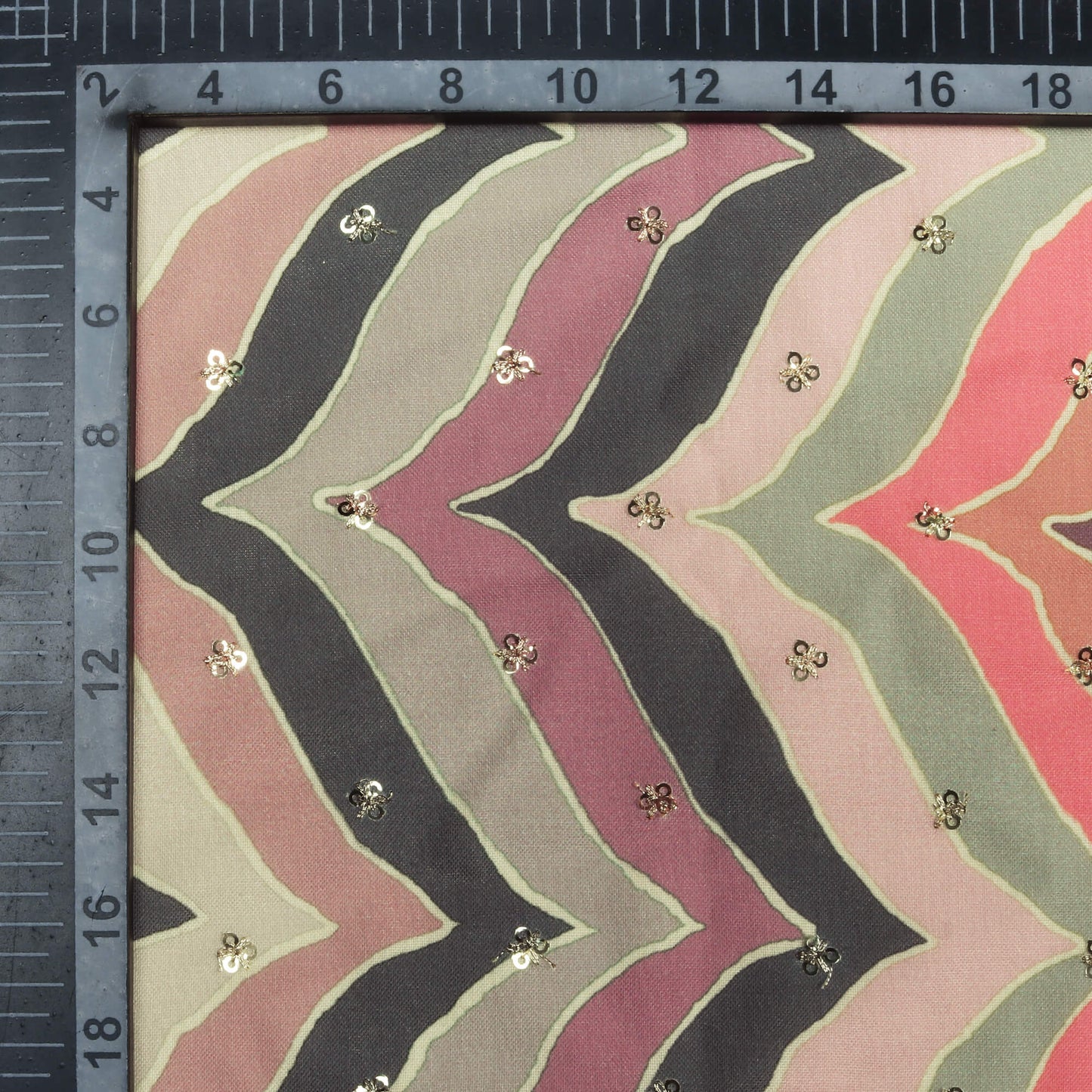 Baby Pink And Grey Chevron Pattern Digital Print Booti Sequins Poly Rayon Fabric