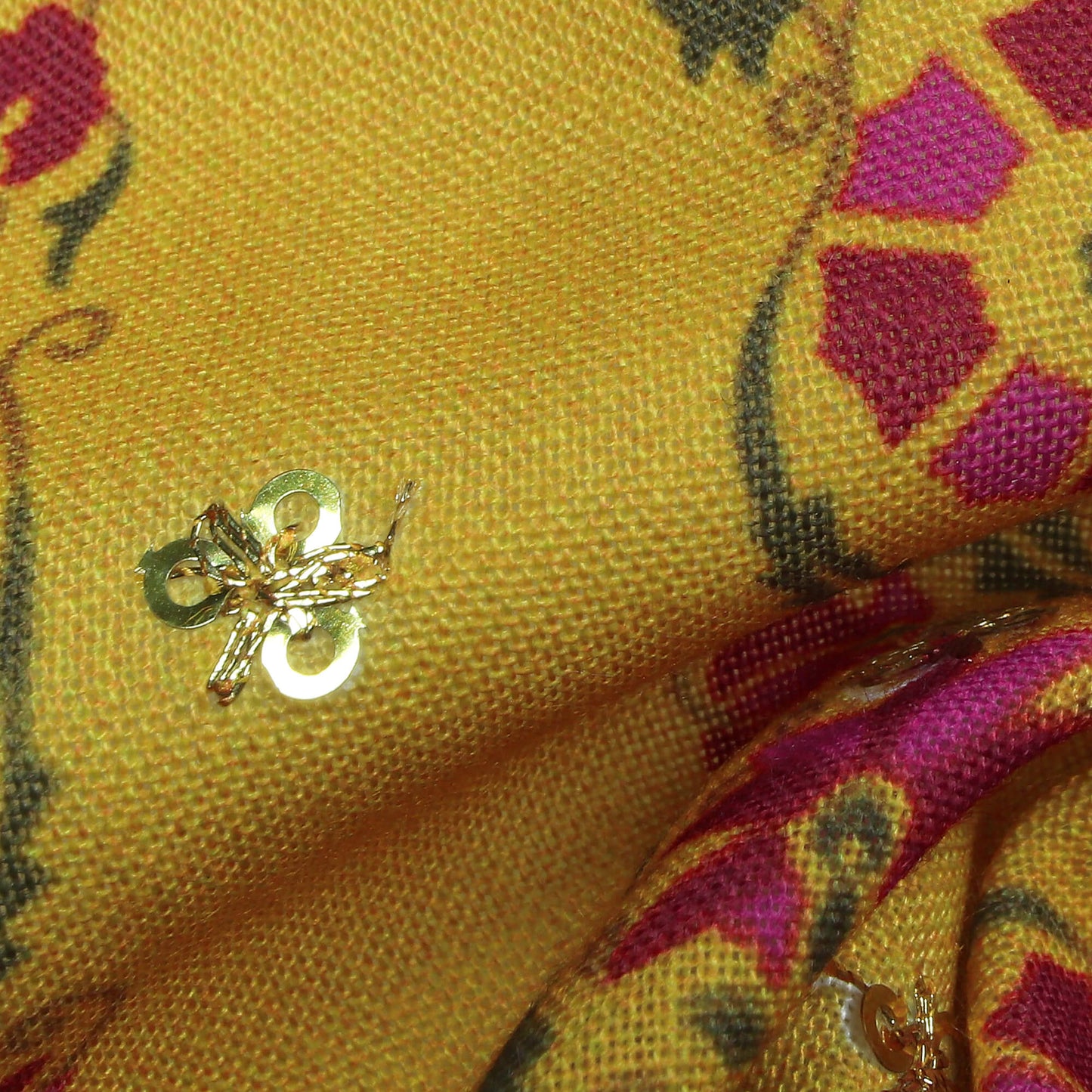 Pineapple Yellow And Magenta Pink Stripes Pattern Digital Print Booti Sequins Poly Rayon Fabric