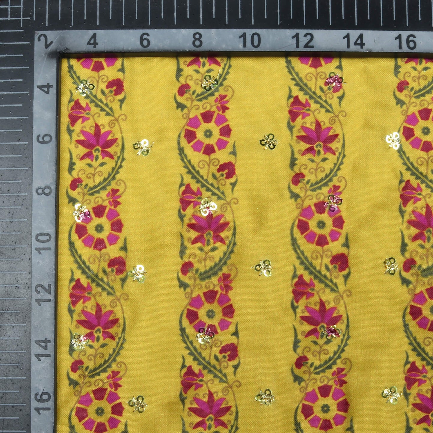 Pineapple Yellow And Magenta Pink Stripes Pattern Digital Print Booti Sequins Poly Rayon Fabric