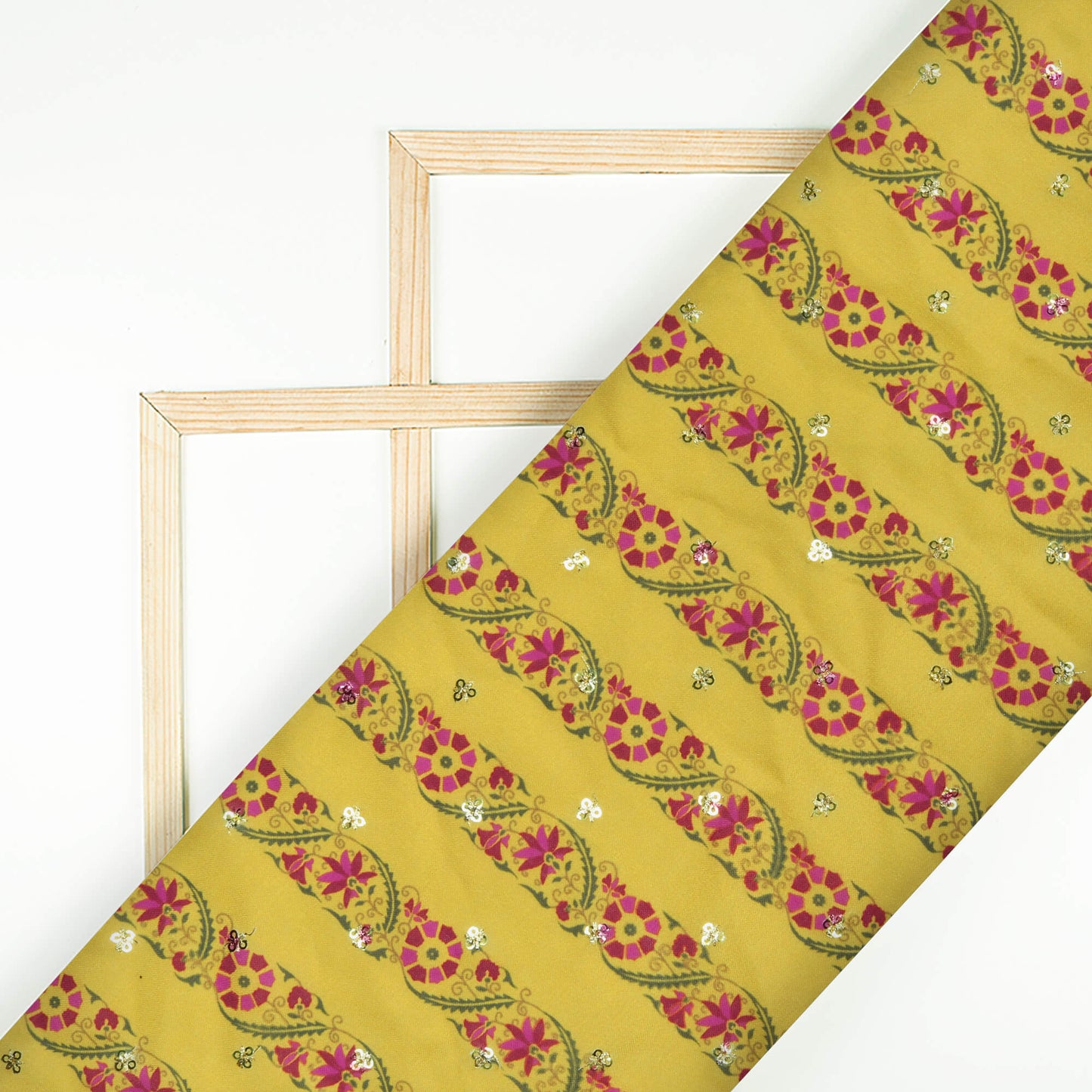 Pineapple Yellow And Magenta Pink Stripes Pattern Digital Print Booti Sequins Poly Rayon Fabric
