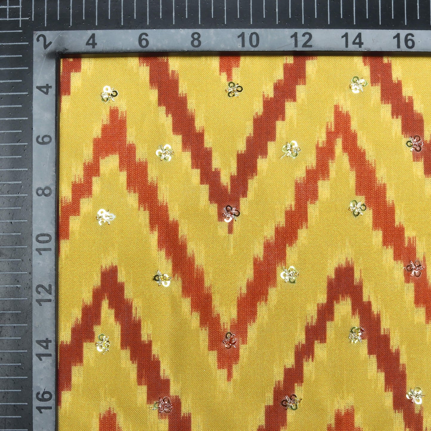 Dijon Yellow And Sepia Brown Chevron Pattern Digital Print Booti Sequins Poly Rayon Fabric