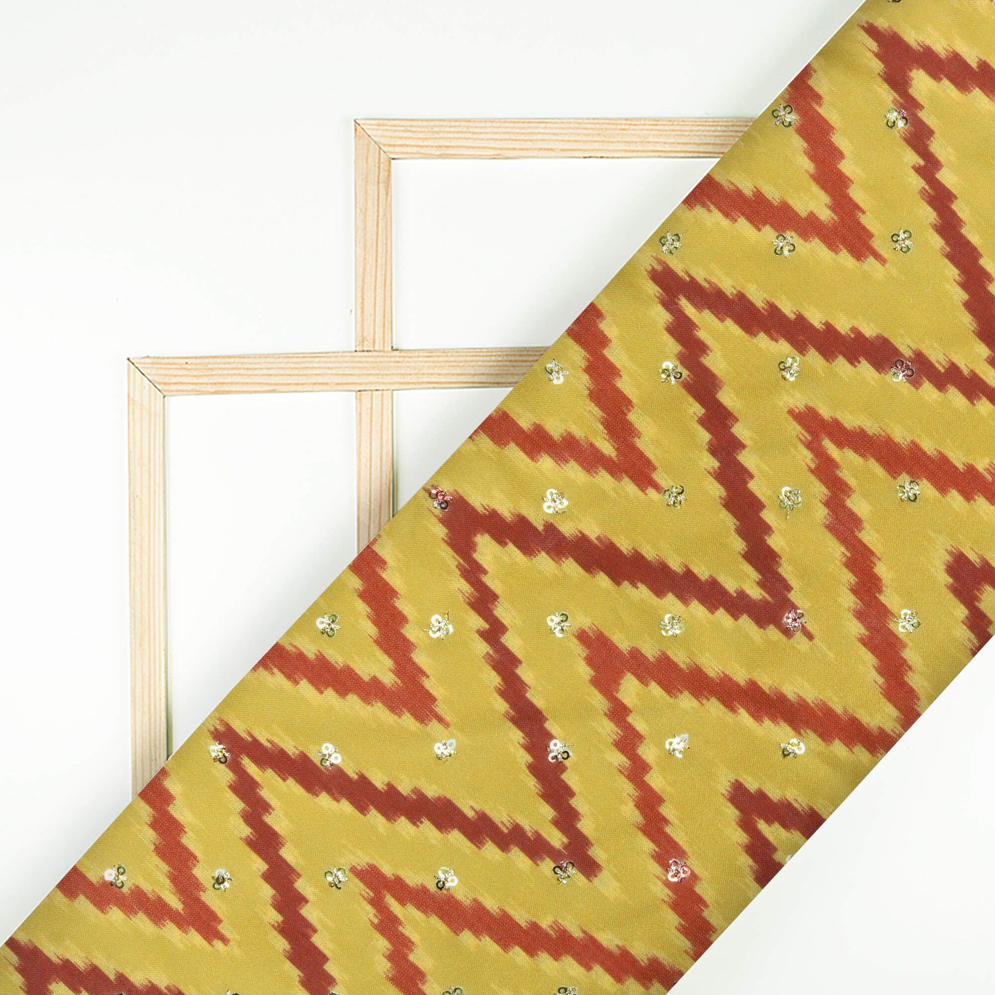 Dijon Yellow And Sepia Brown Chevron Pattern Digital Print Booti Sequins Poly Rayon Fabric