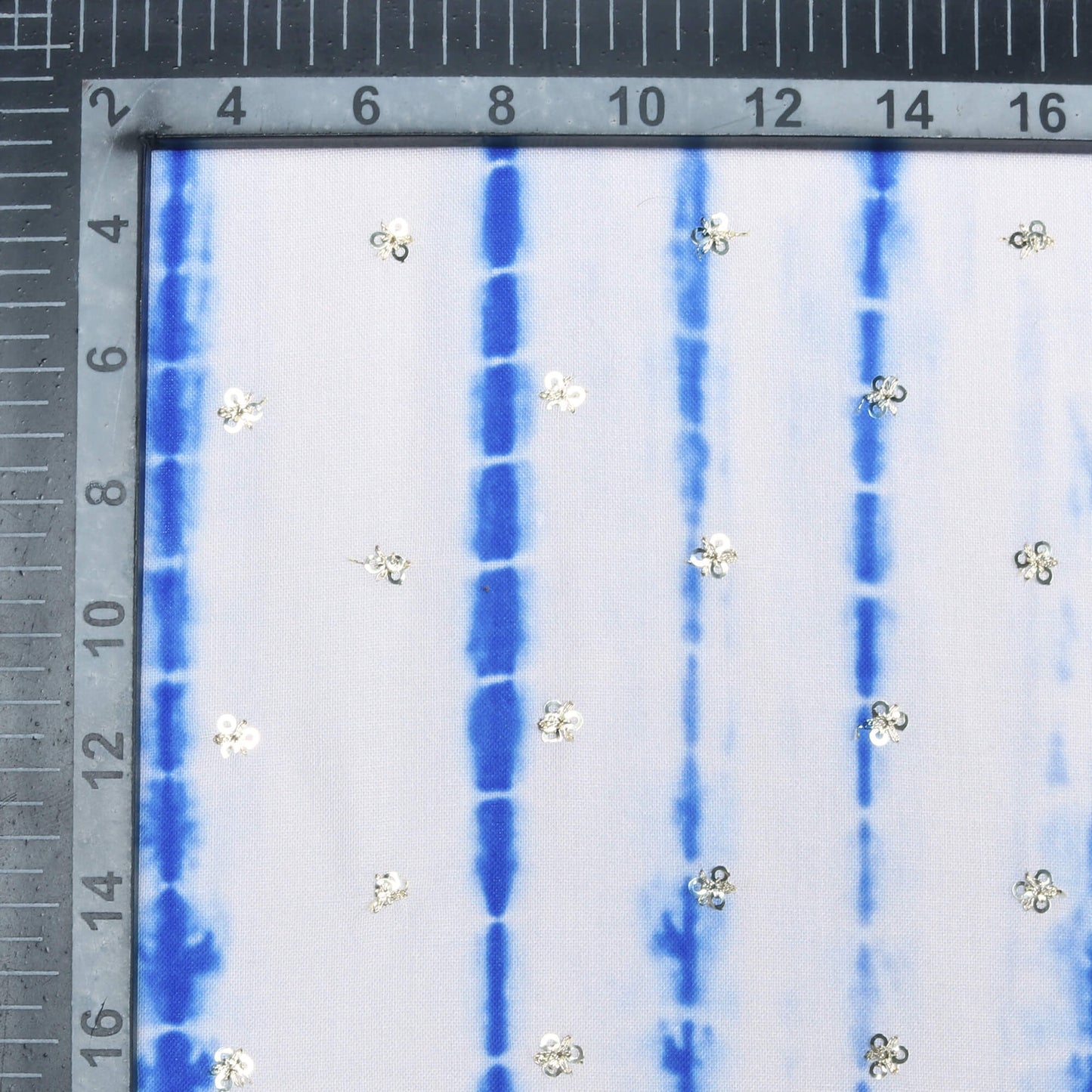 Off White And Royal Blue Shibori Pattern Digital Print Booti Sequins Poly Rayon Fabric