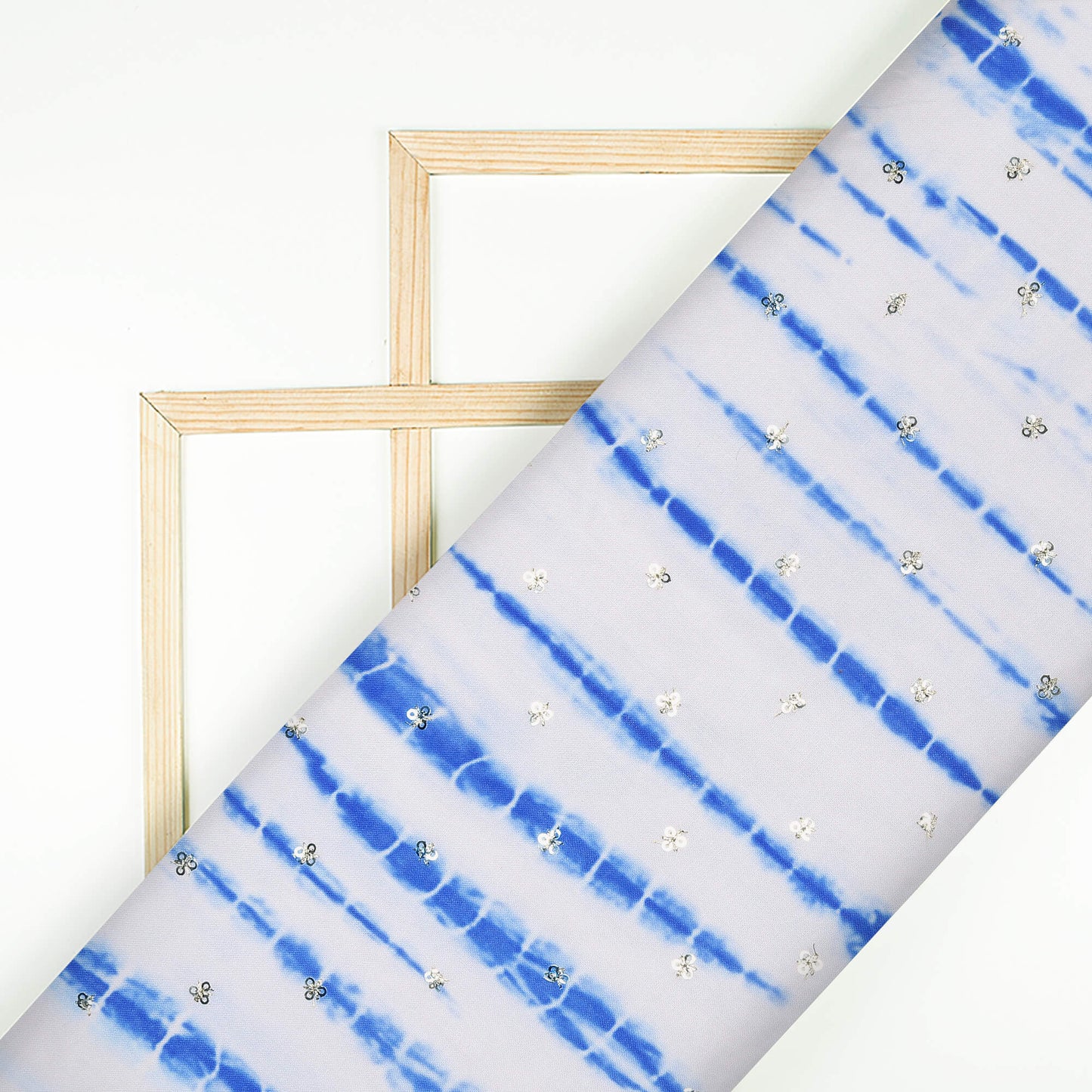 Off White And Royal Blue Shibori Pattern Digital Print Booti Sequins Poly Rayon Fabric