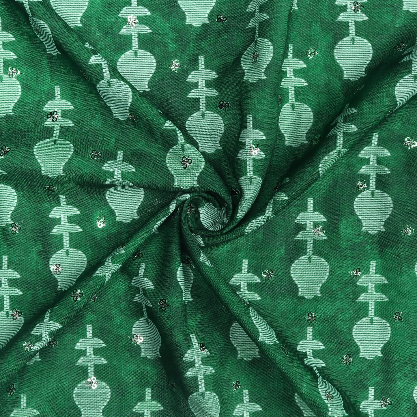 Bottel Green Floral Pattern Digital Print Booti Sequins Poly Rayon Fabric