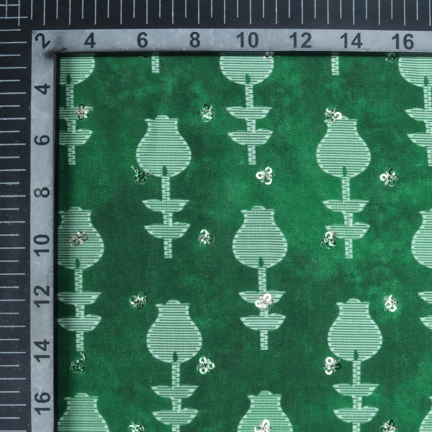 Bottel Green Floral Pattern Digital Print Booti Sequins Poly Rayon Fabric