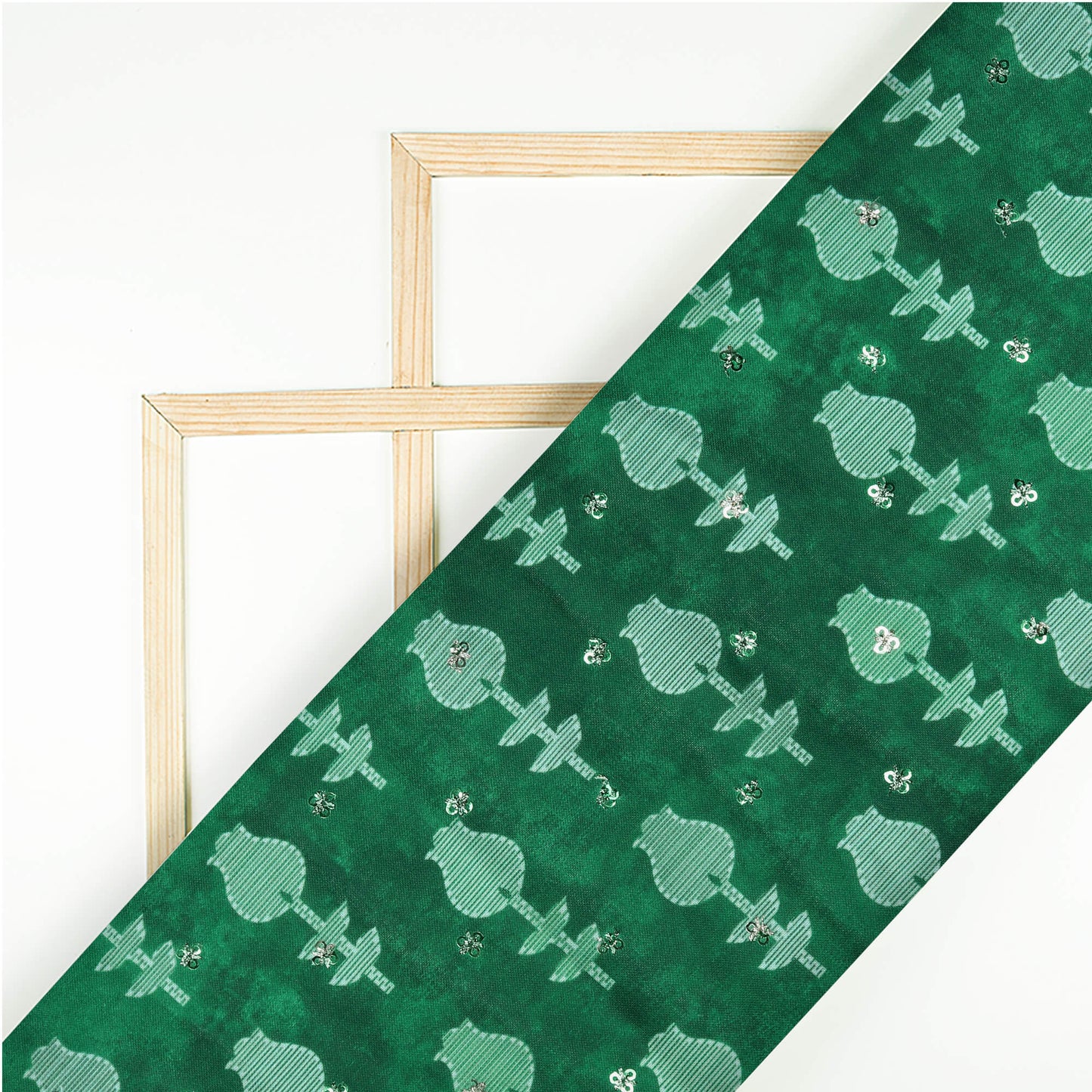 Bottel Green Floral Pattern Digital Print Booti Sequins Poly Rayon Fabric