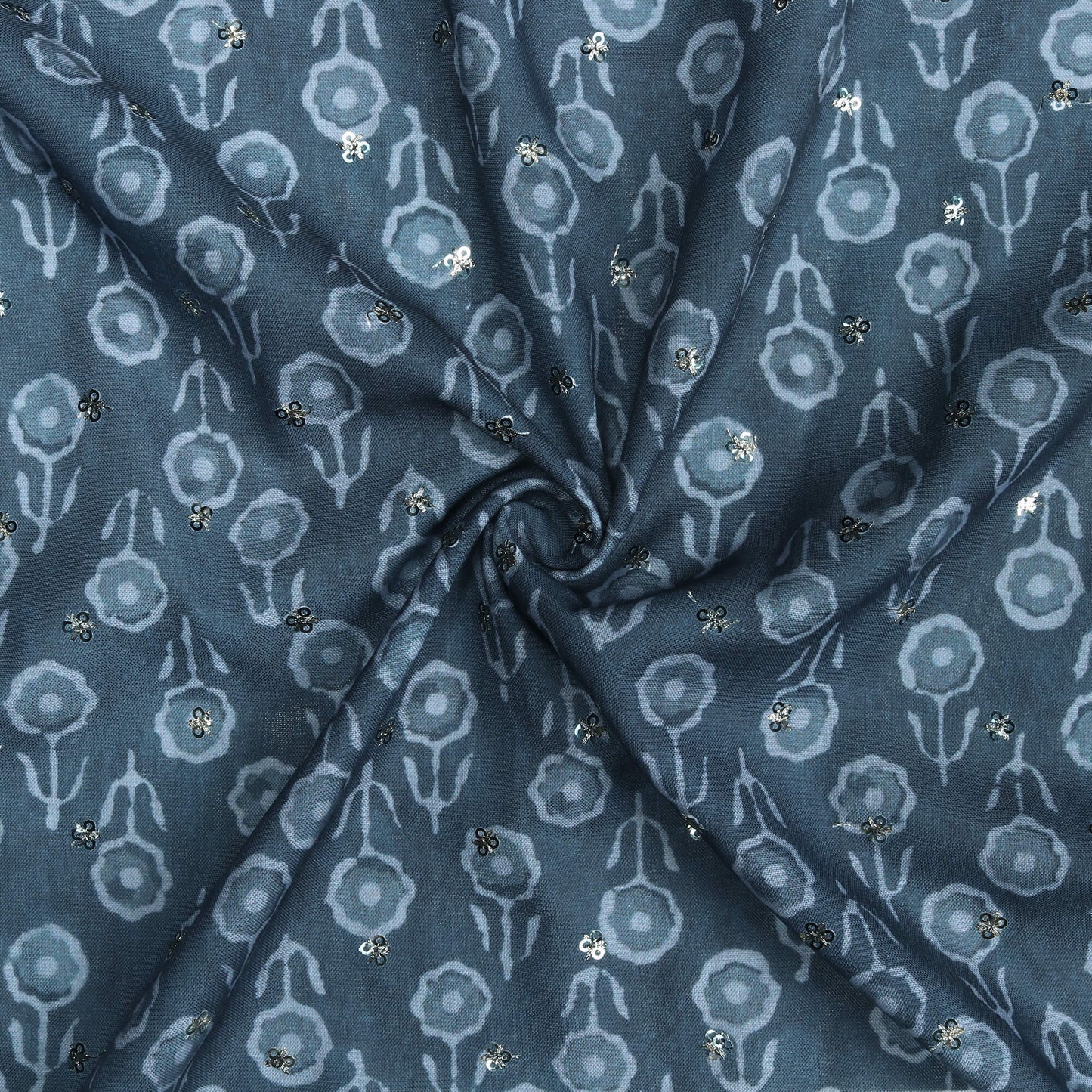 Slate Grey Floral Pattern Digital Print Booti Sequins Poly Rayon Fabric
