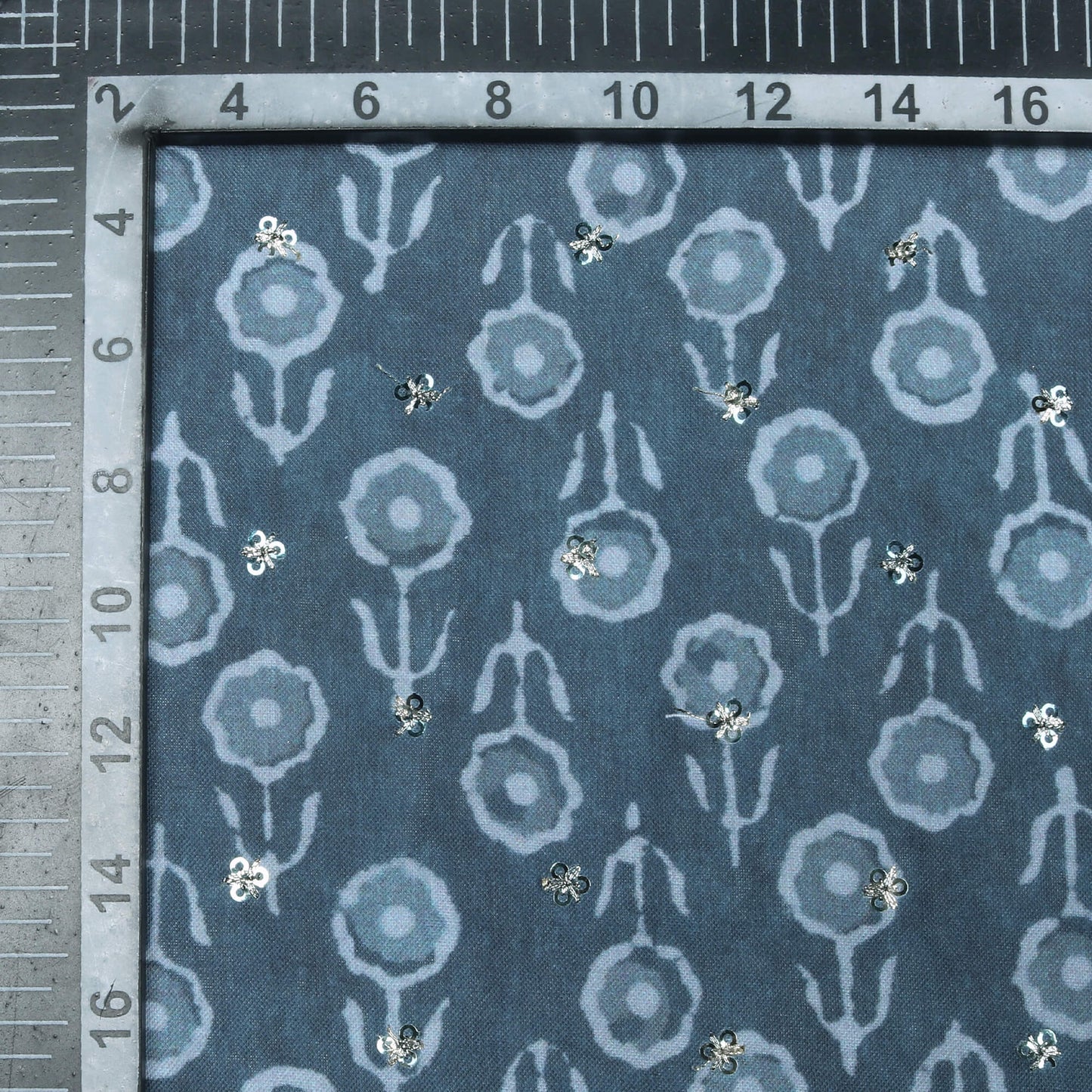 Slate Grey Floral Pattern Digital Print Booti Sequins Poly Rayon Fabric