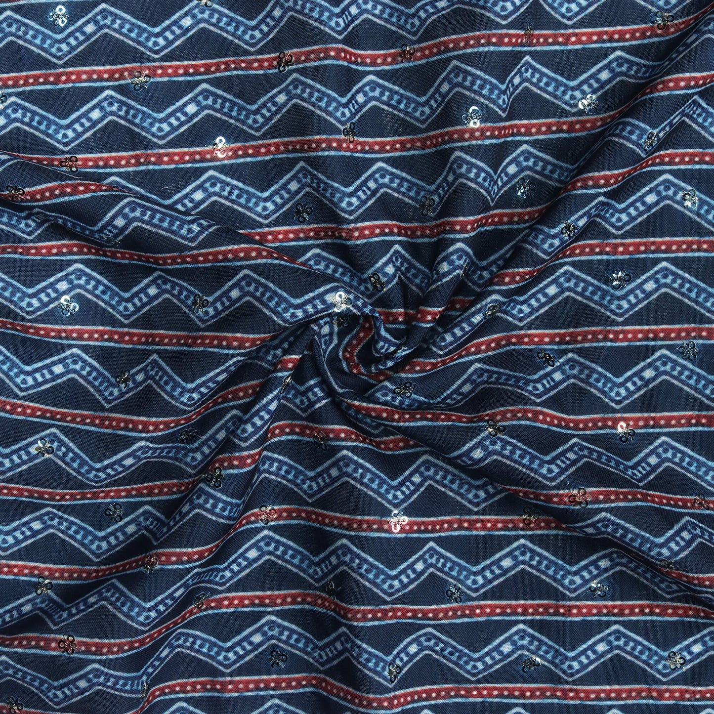 Blue And Currant Red Chevron Pattern Digital Print Booti Sequins Poly Rayon Fabric