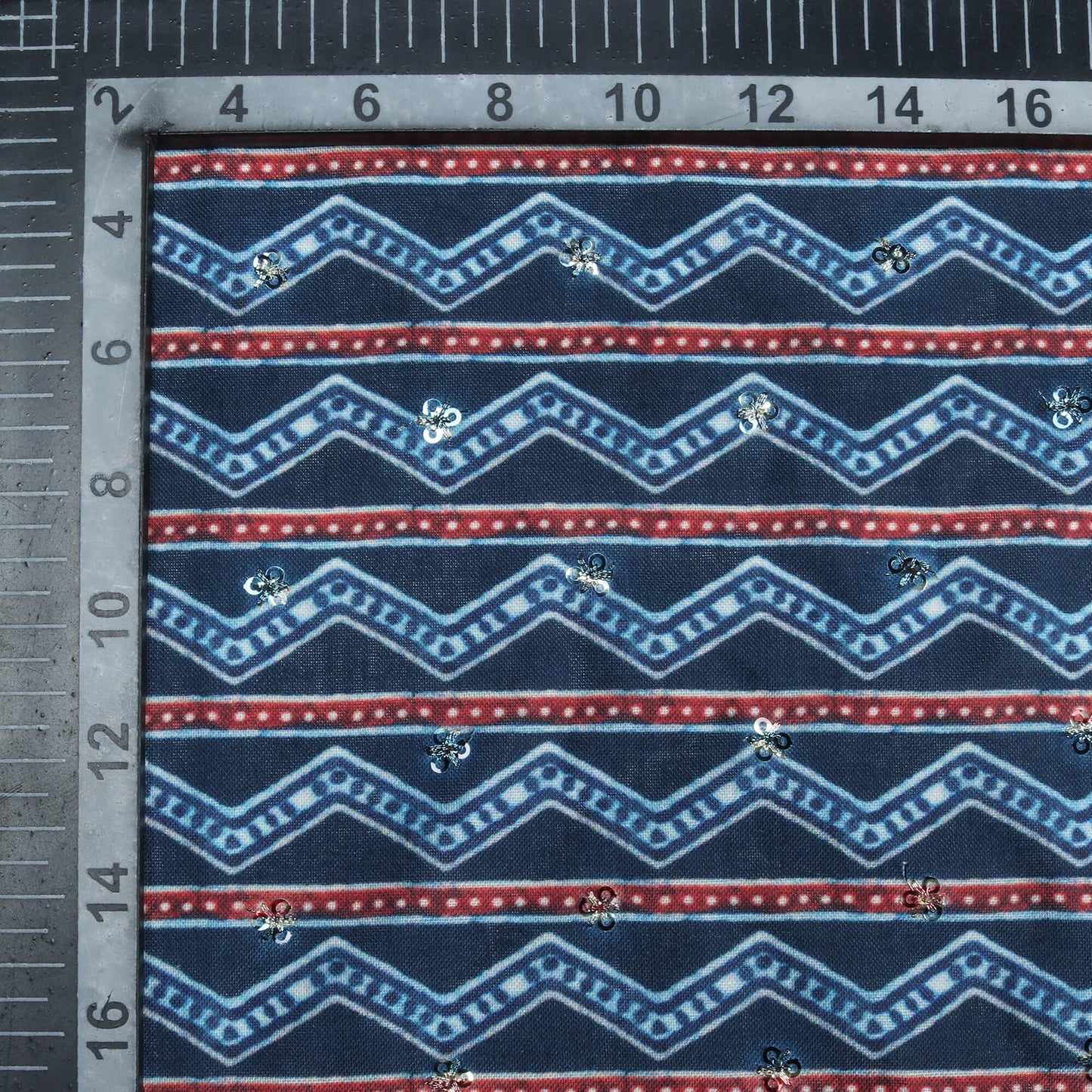 Blue And Currant Red Chevron Pattern Digital Print Booti Sequins Poly Rayon Fabric