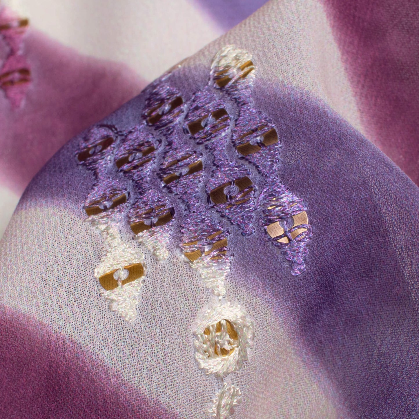 Purple And Oat Beige Leheriya Pattern Stripes Sequins Embroidery Digital Print Georgette Fabric