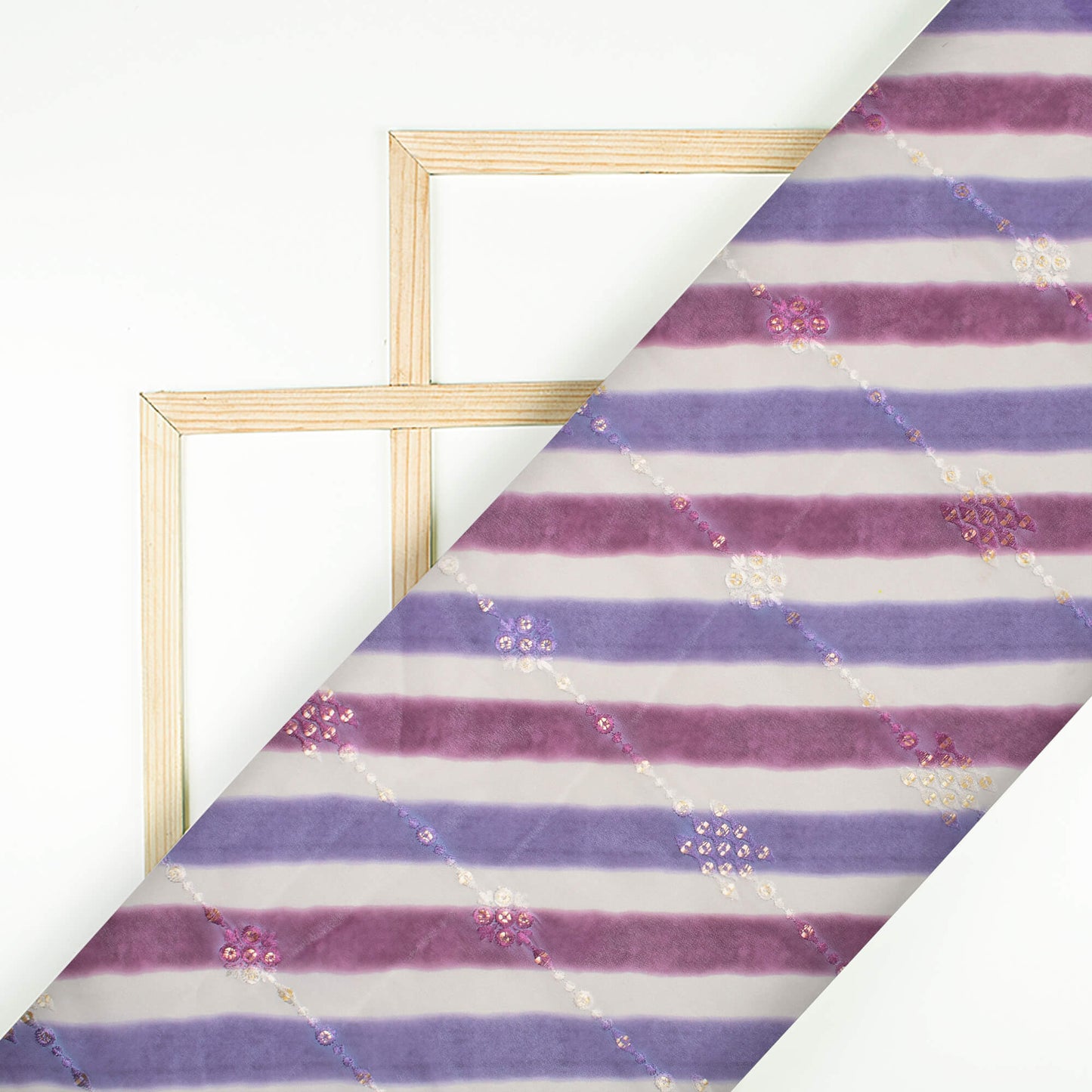 Purple And Oat Beige Leheriya Pattern Stripes Sequins Embroidery Digital Print Georgette Fabric