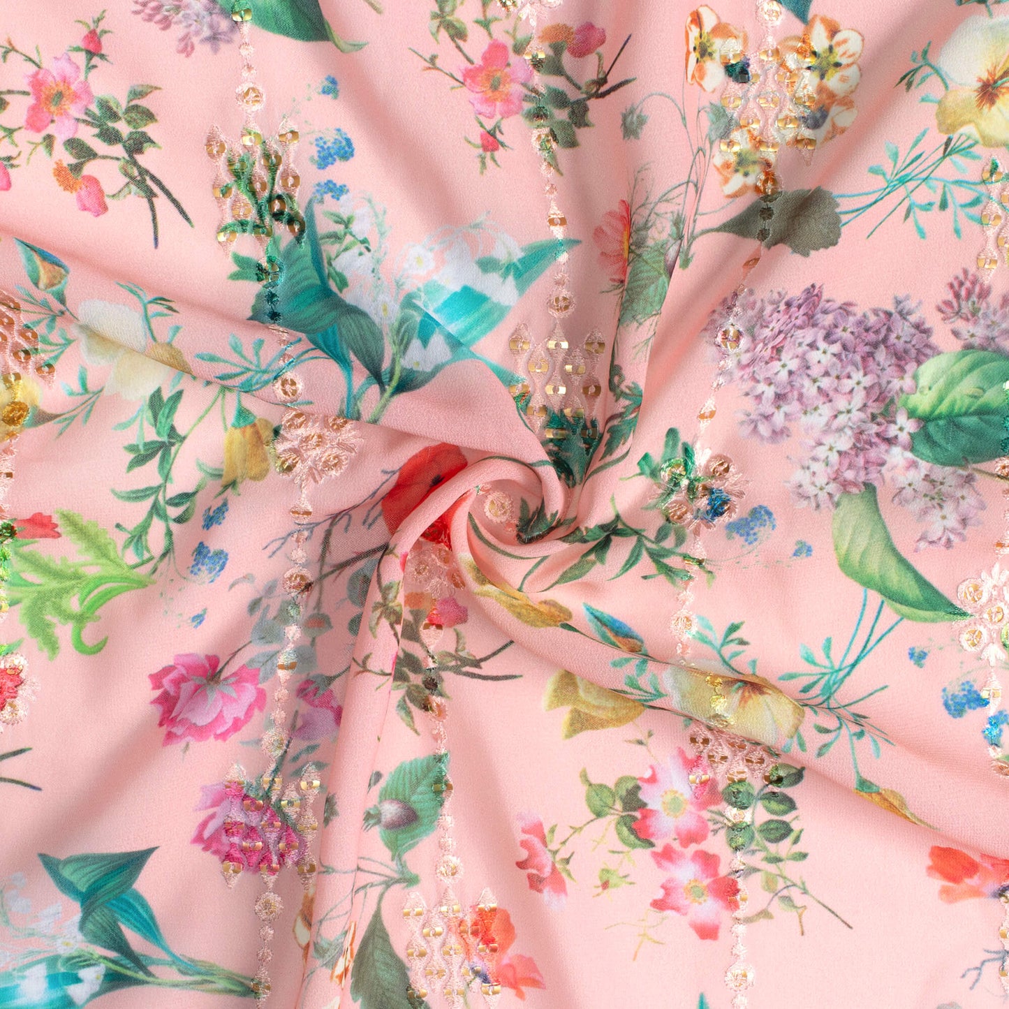 Salmon Pink And Green Floral Pattern Stripes Sequins Embroidery Digital Print Georgette Fabric