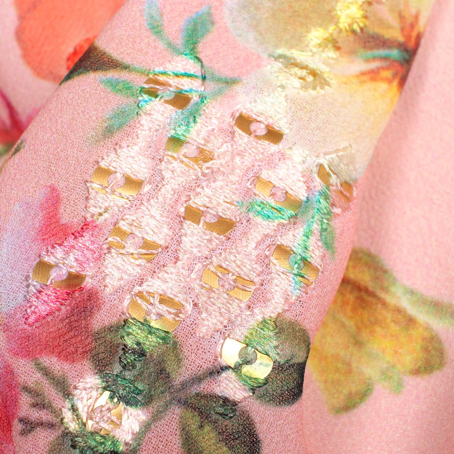 Salmon Pink And Green Floral Pattern Stripes Sequins Embroidery Digital Print Georgette Fabric
