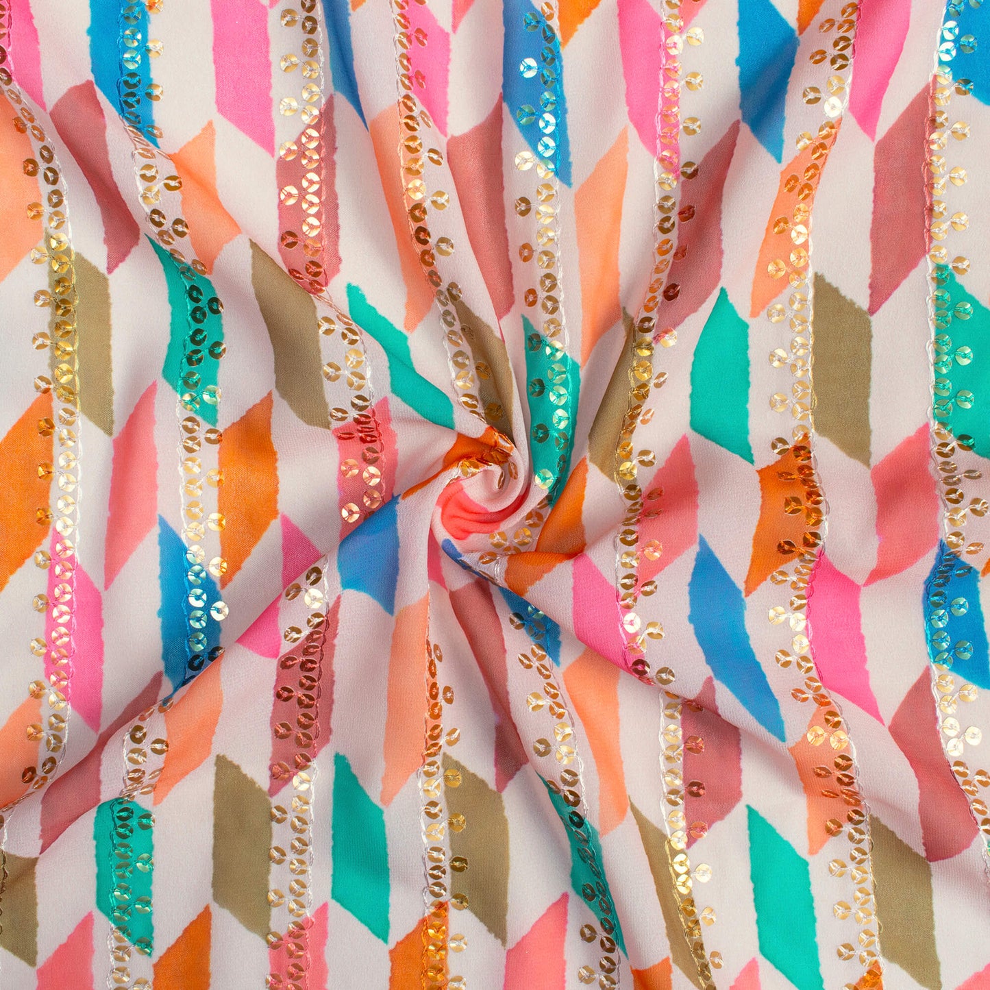 Blue And Peach Abstract Pattern Stripes Sequins Digital Print Georgette Fabric