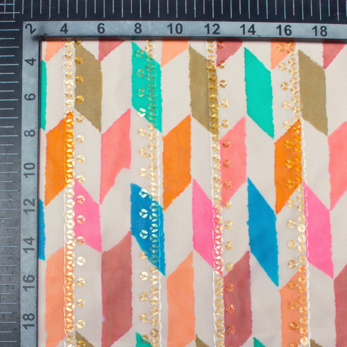 Blue And Peach Abstract Pattern Stripes Sequins Digital Print Georgette Fabric