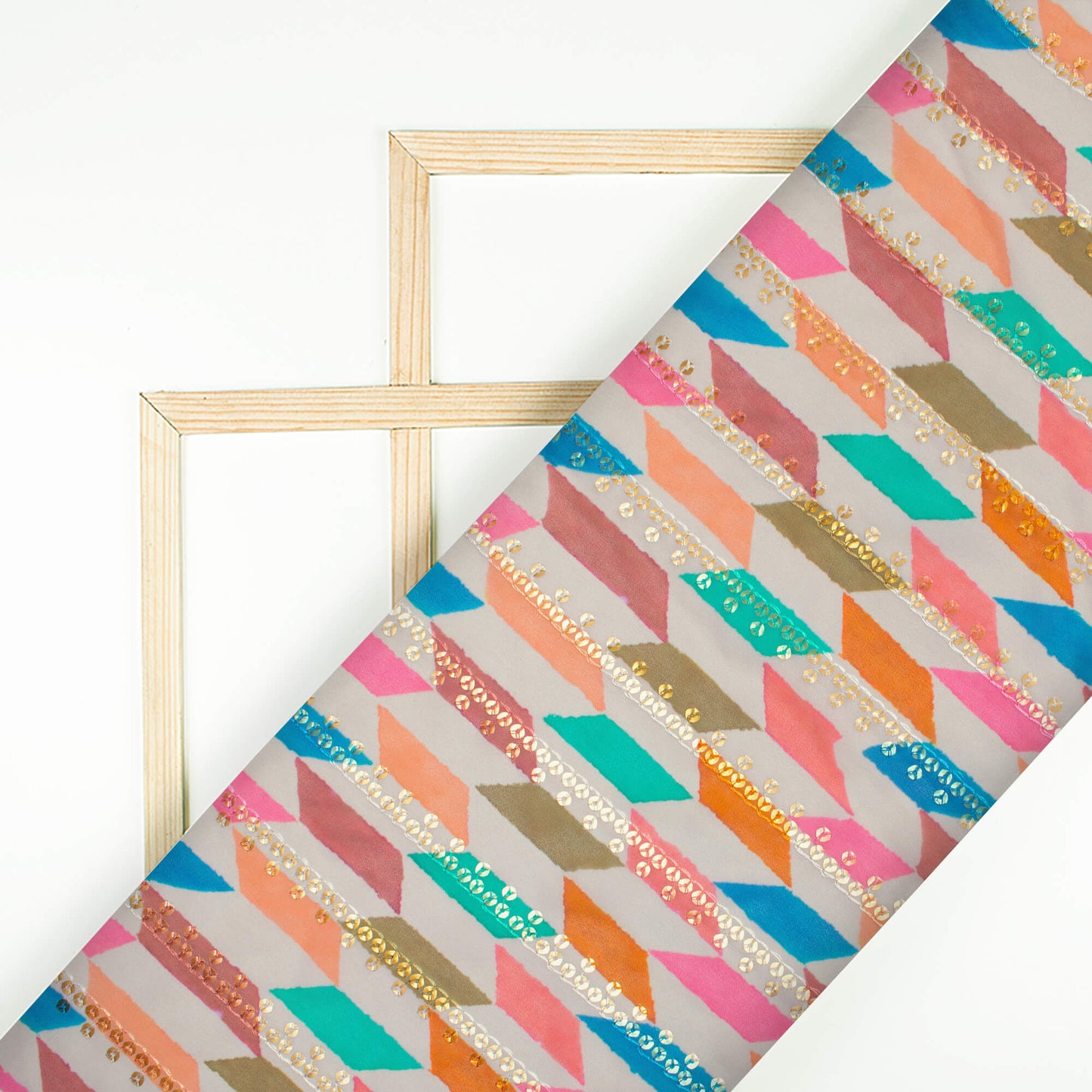 Blue And Peach Abstract Pattern Stripes Sequins Digital Print Georgette Fabric