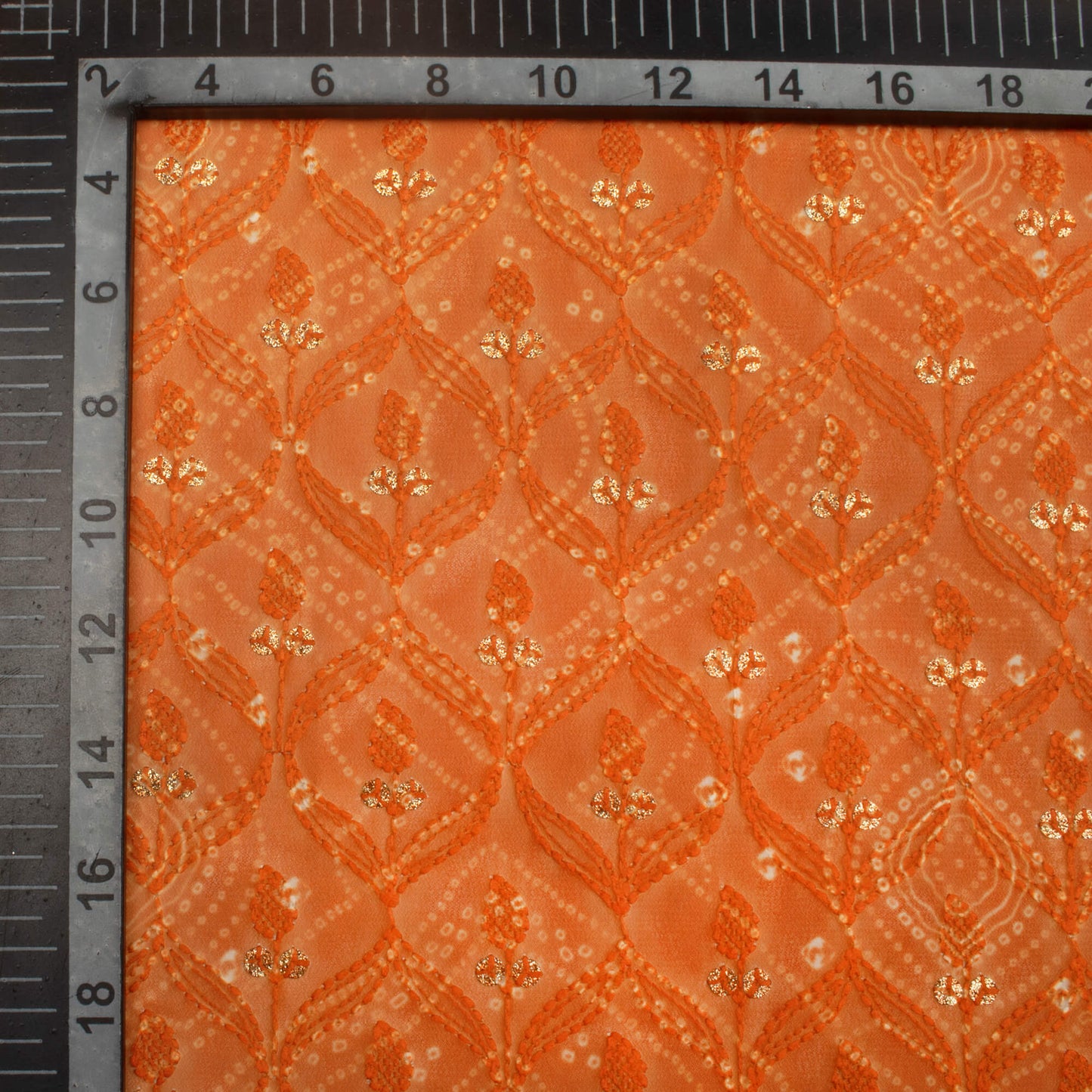 Orange Bandhanii Pattern Trellis Zari Sequins Embroidery Digital Print Georgette Fabric