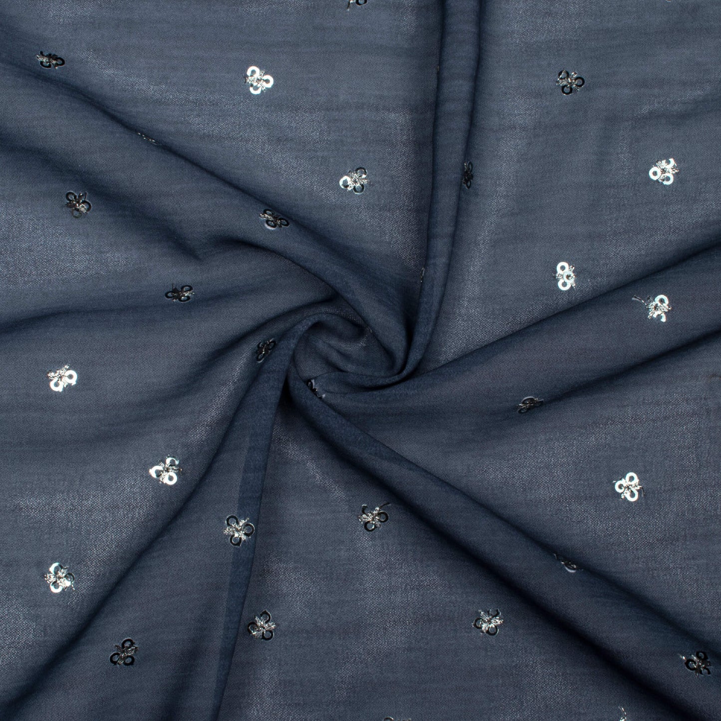 Willow Blue Texture Pattern Booti Sequins Digital Print Georgette Fabric