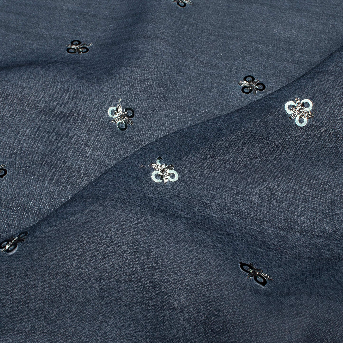 Willow Blue Texture Pattern Booti Sequins Digital Print Georgette Fabric