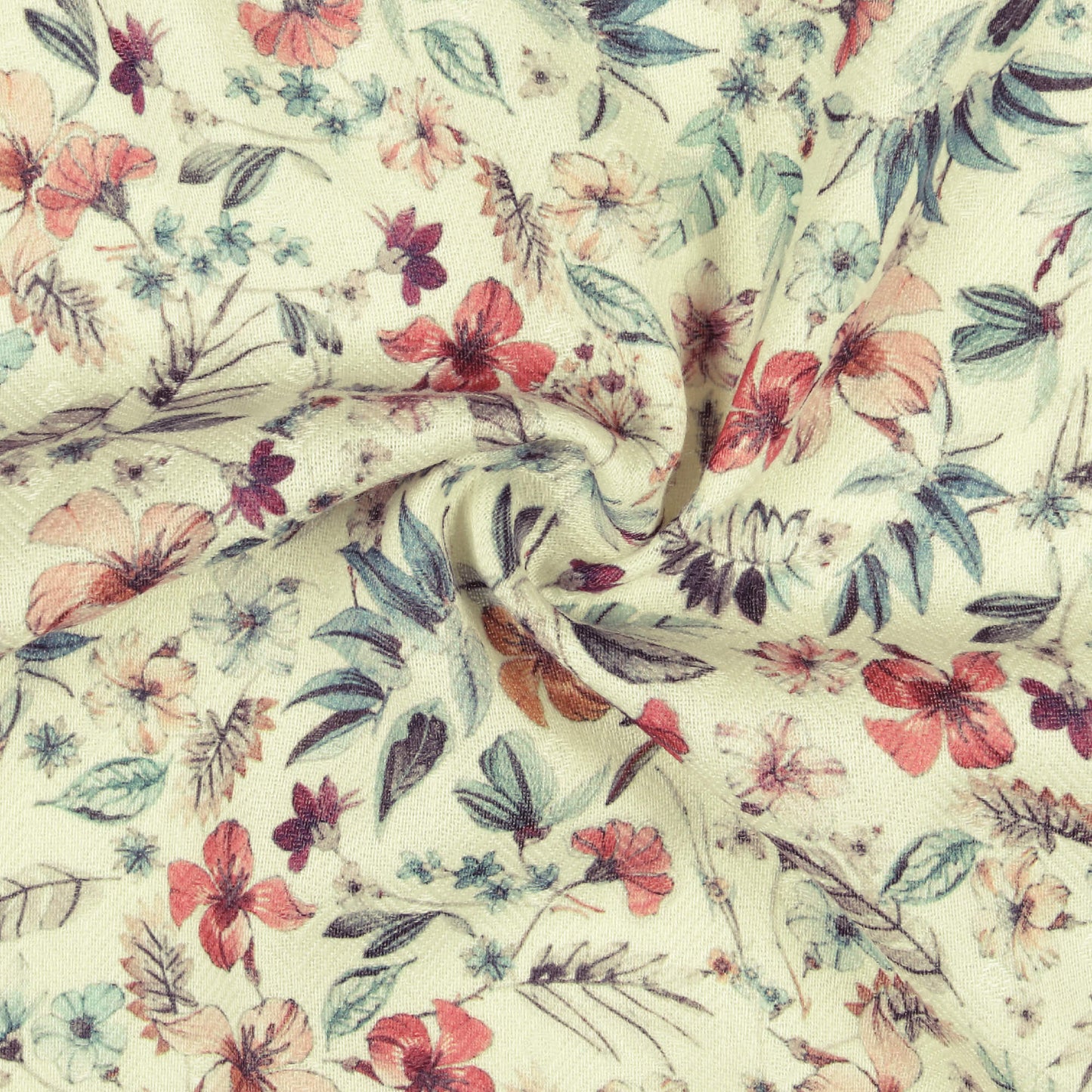 Cream And Red Floral Pattern Digital Print Elegant Blend Pasmina Fabric