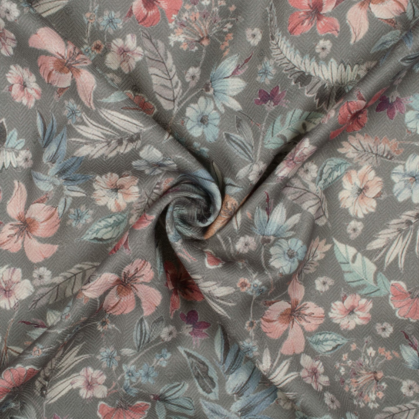 Artichock Green And Peach Floral Pattern Digital Print Elegant Blend Pashmina Fabric
