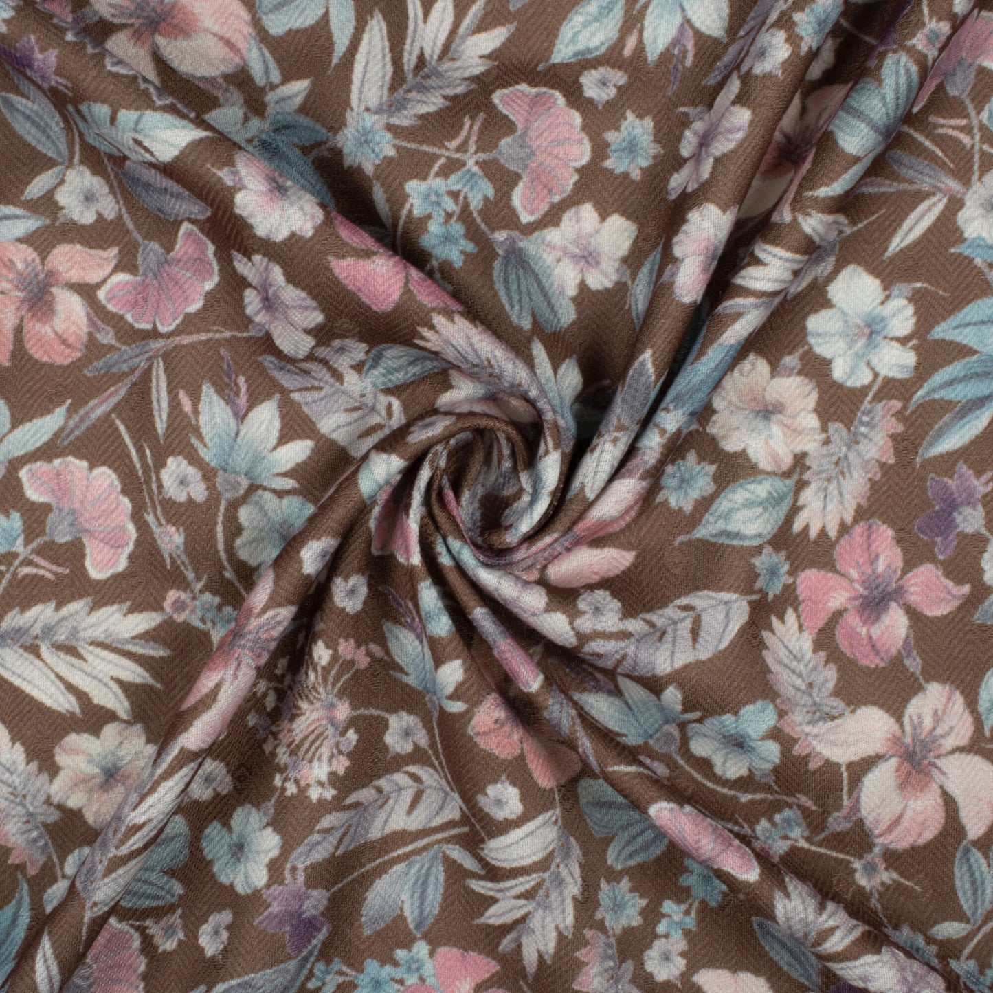 Umber Brown And Pink Floral Pattern Digital Print Elegant Blend Pashmina Fabric