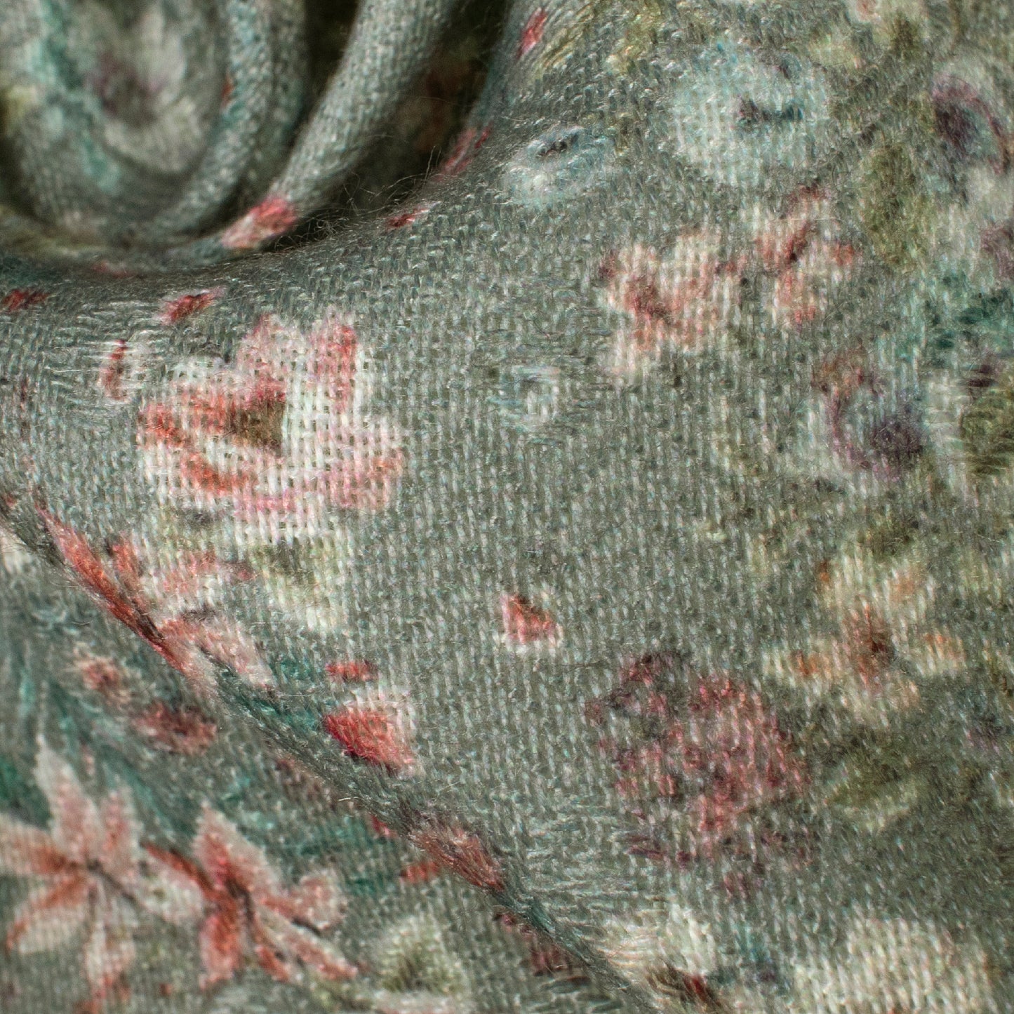 Fern Green And Red Floral Pattern Digital Print Elegant Blend Pashmina Fabric