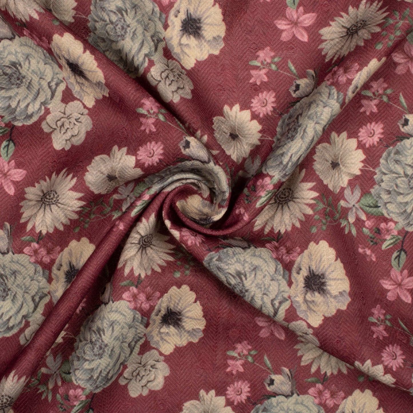 Mahogany Red And Cream Floral Pattern Digital Print Elegant Blend Pashmina Fabric