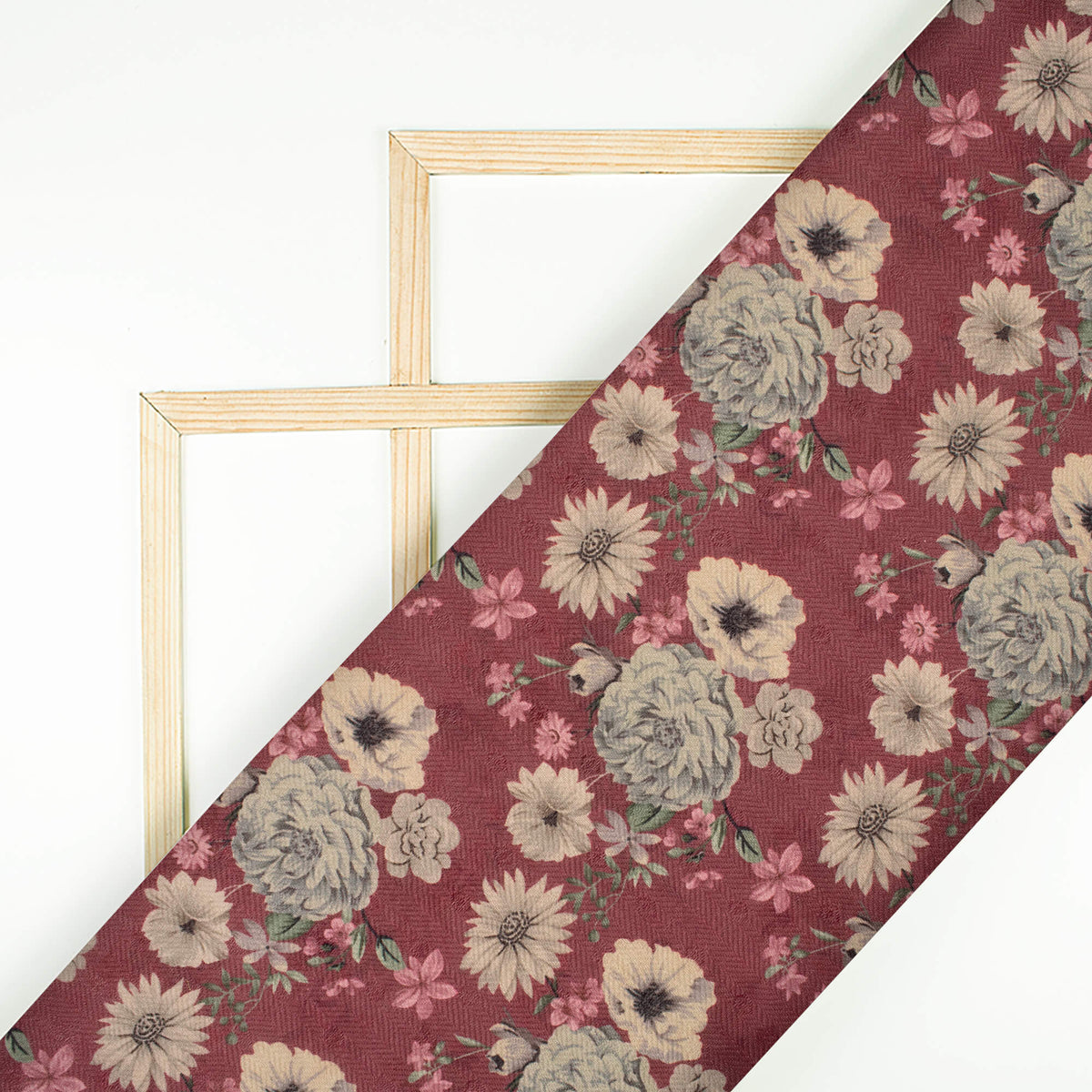 Mahogany Red And Cream Floral Pattern Digital Print Elegant Blend Pashmina Fabric