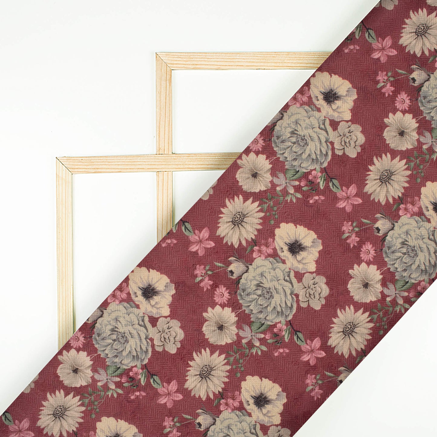Mahogany Red And Cream Floral Pattern Digital Print Elegant Blend Pashmina Fabric