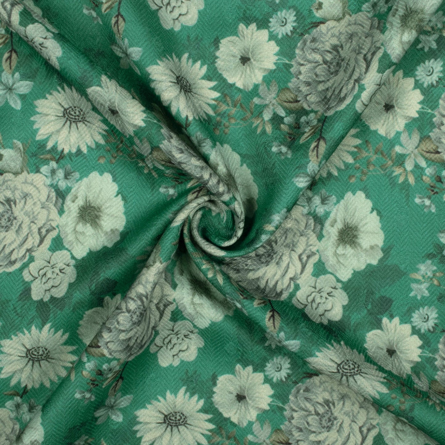 Hunter Green And Cream Floral Pattern Digital Print Elegant Blend Pashmina Fabric