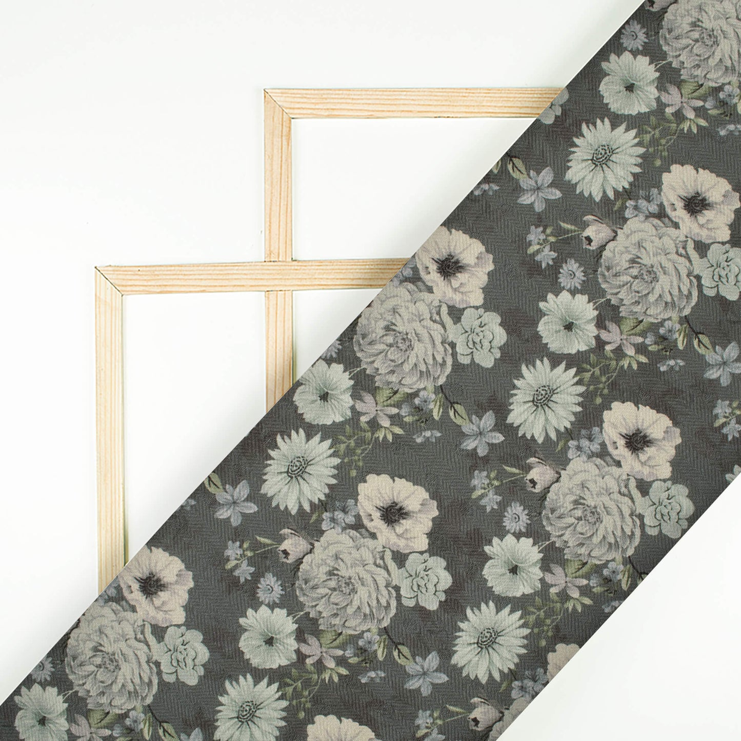 Shadow Grey And Cream Floral Pattern Digital Print Elegant Blend Pashmina Fabric