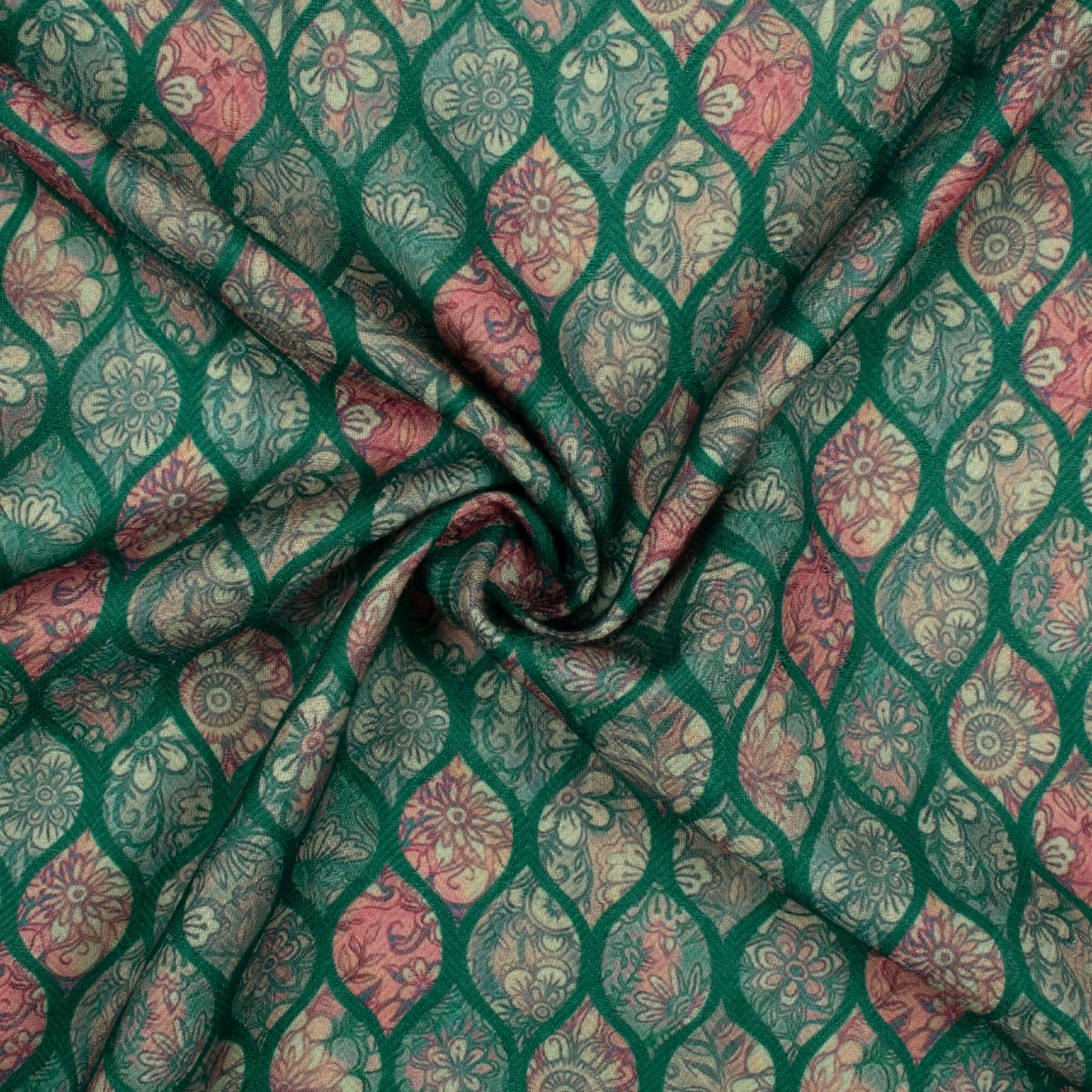 Kaitoke Green And Pink Floral Pattern Digital Print Elegant Blend Pashmina Fabric
