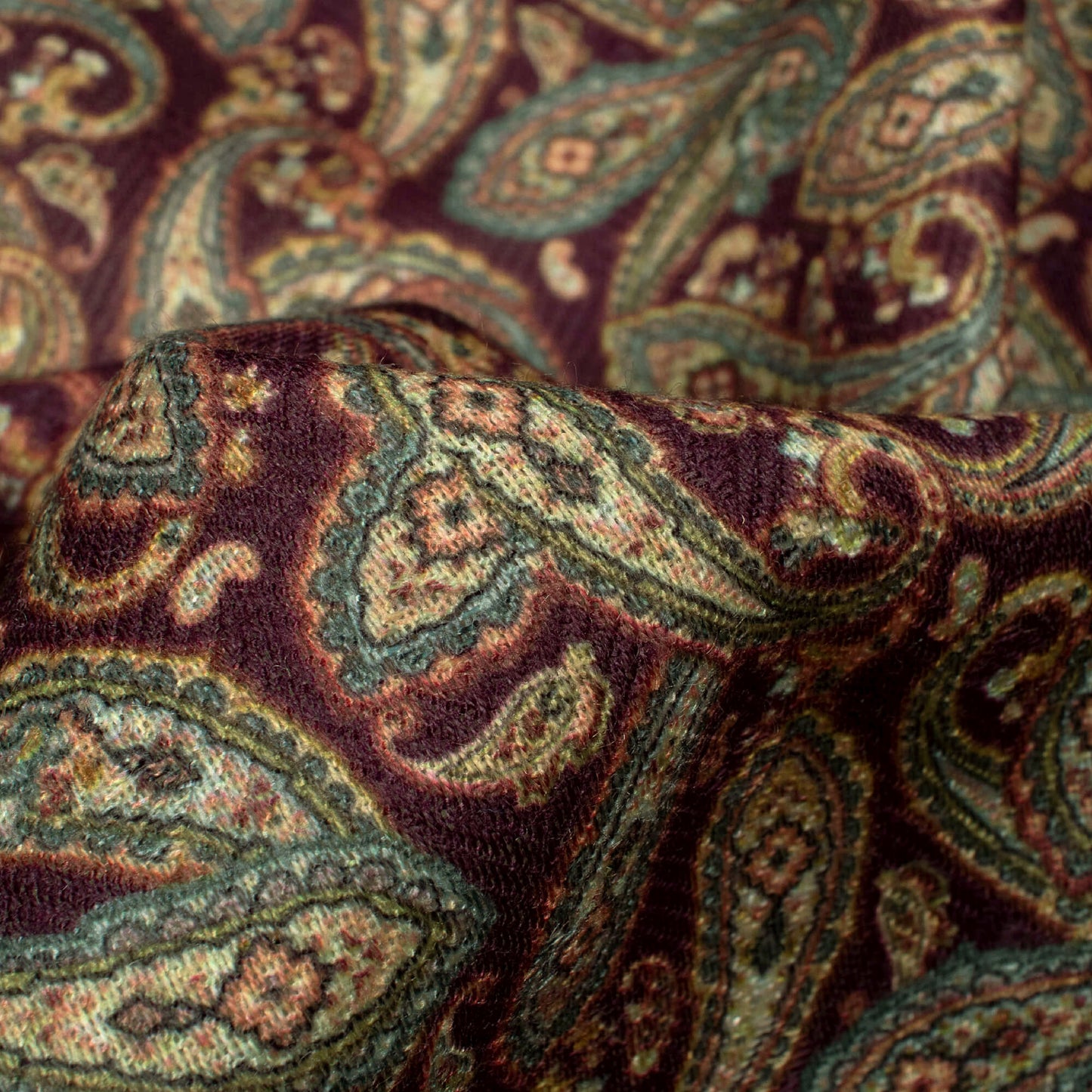 Mahogany Red And Smalt Blue Paisley Pattern Digital Print Elegant Blend Pashmina Fabric