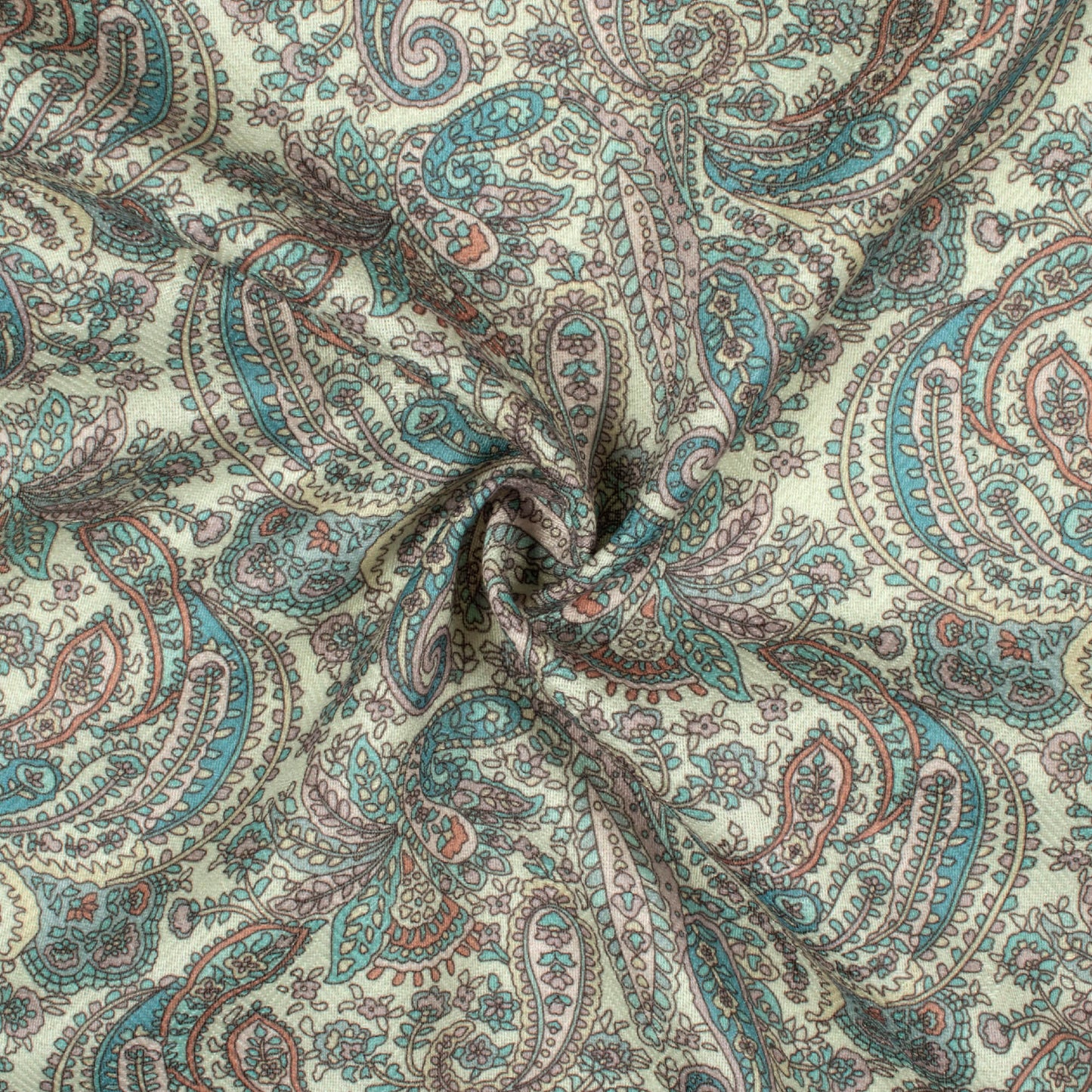 Sky Blue And Cream Paisley Pattern Digital Print Elegant Blend Pasmina Fabric