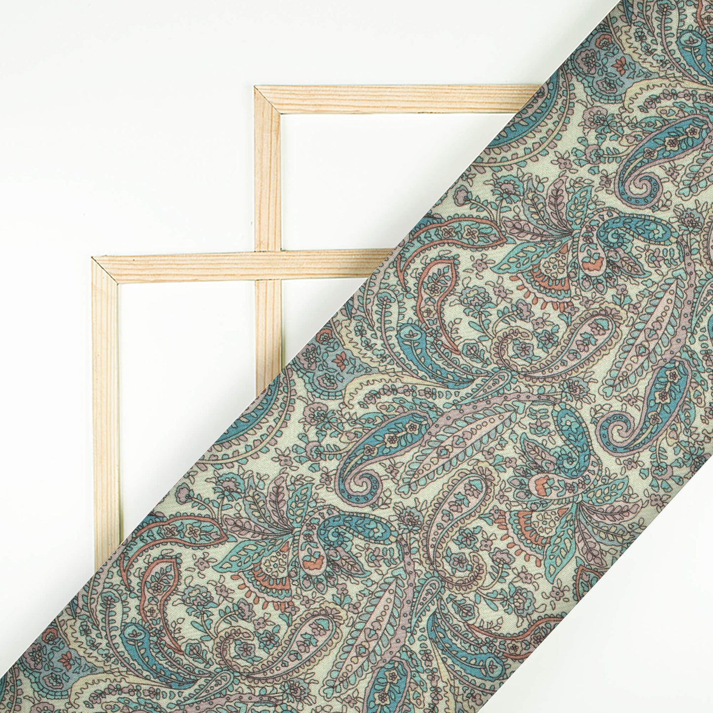 Sky Blue And Cream Paisley Pattern Digital Print Elegant Blend Pasmina Fabric