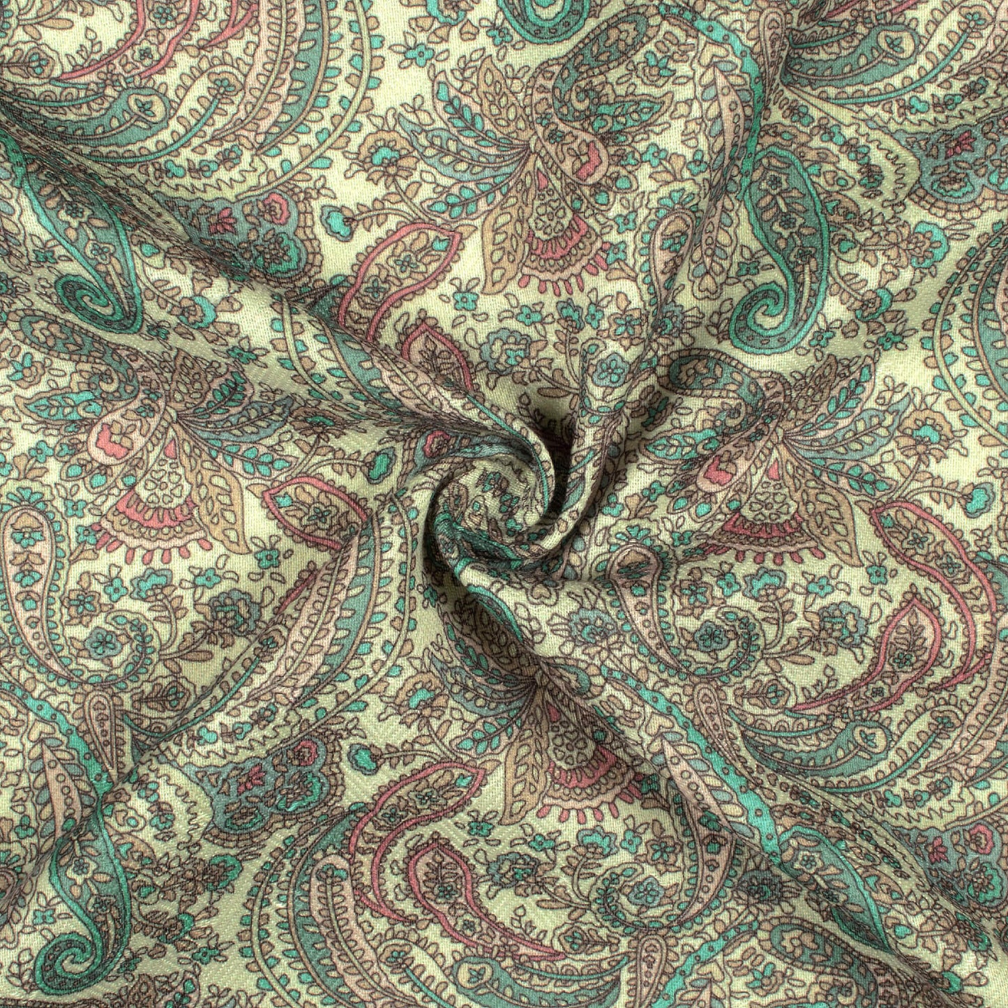 Swamp Green And Cream Paisley Pattern Digital Print Elegant Blend Pashmina Fabric