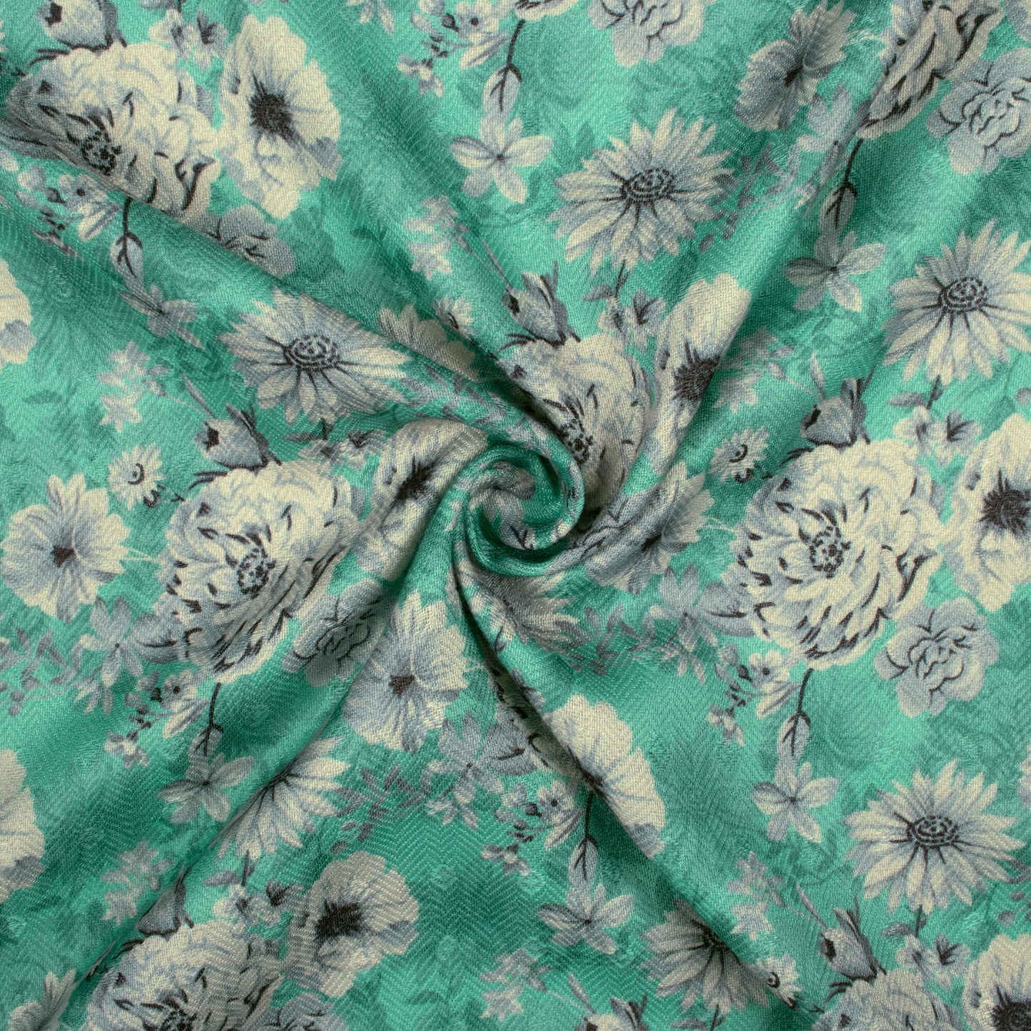 Jade Green And Cream Floral Pattern Digital Print Elegant Blend Pashmina Fabric