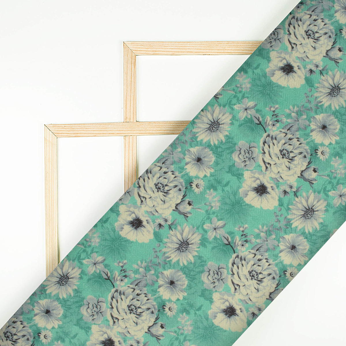 Jade Green And Cream Floral Pattern Digital Print Elegant Blend Pashmina Fabric