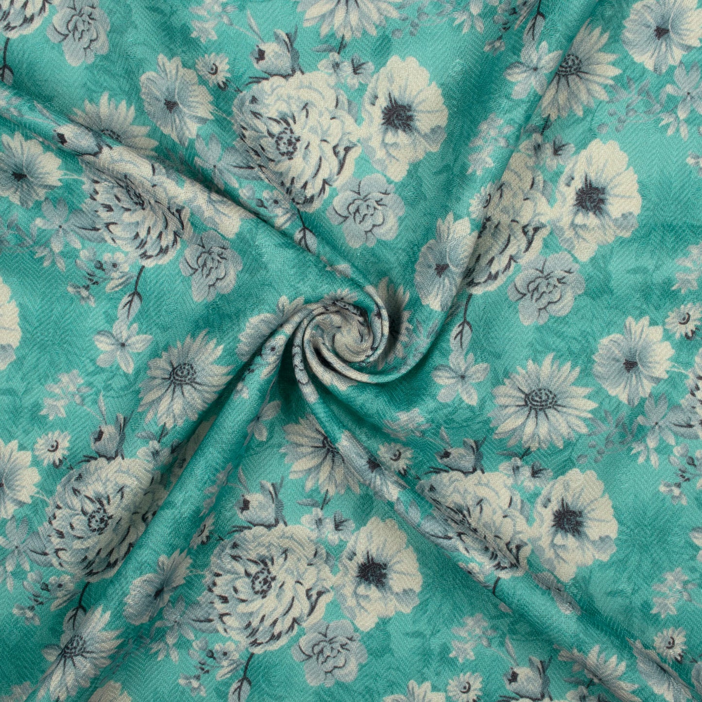 Turquoise And Cream Floral Pattern Digital Print Elegant Blend Pashmina Fabric